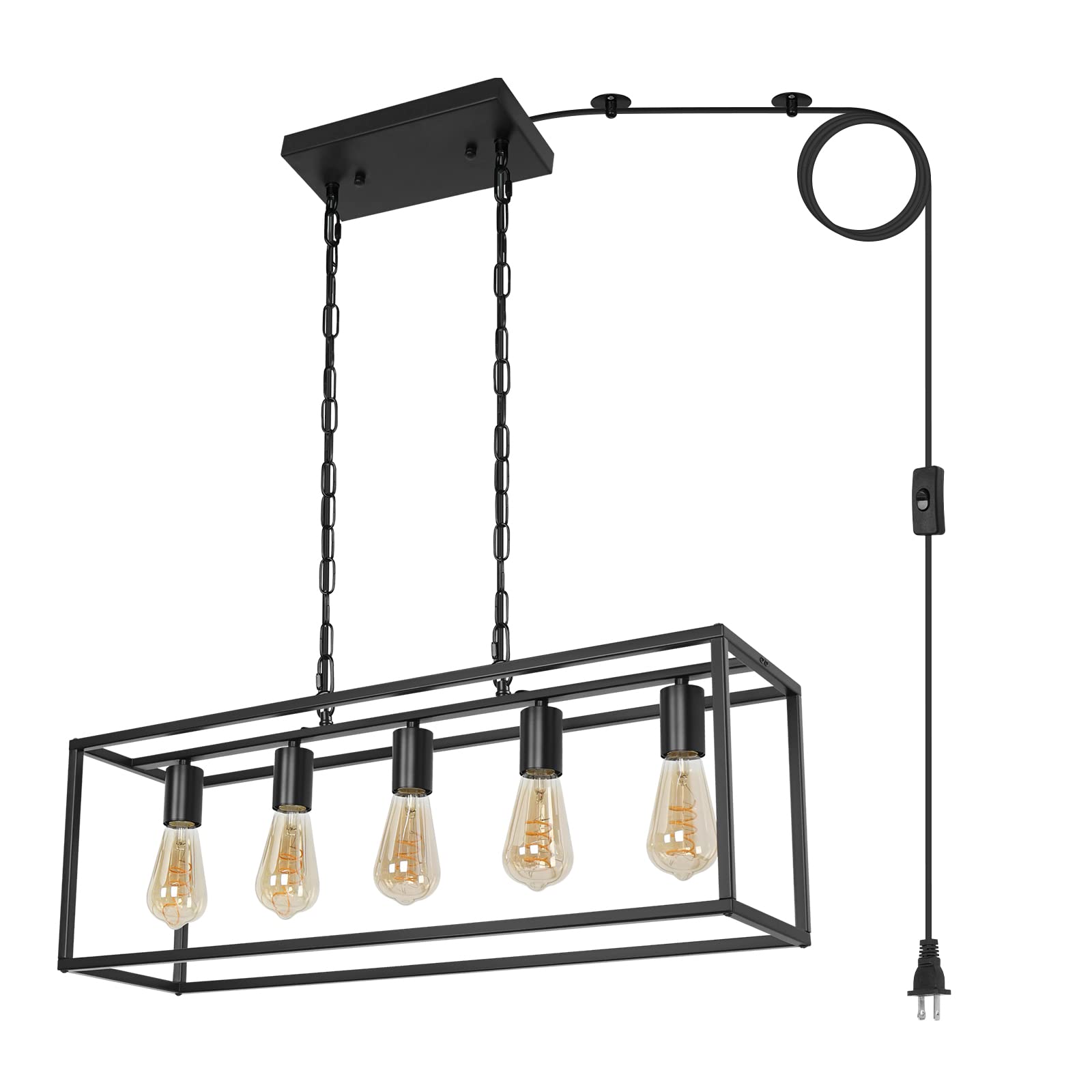 ZOSIMIO Black Farmhouse Plug-in Kitchen Island Lighting - Industrial Modern 5-Light Linear Chandelier with 17.5ft Cord - Rectangular Light Fixture for Dining Room, Living Room, Bar & Restaurant - Perfect for Farmhouse, Industrial & Modern Home Decor