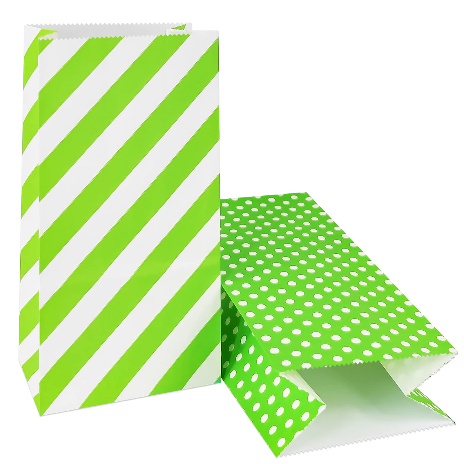 Adido Eco-Friendly EVA Striped and Polka Dot Paper Lunch Bags - 50 Pack Lime Green Reusable Gift Bags for Wedding, Baby Shower, Birthday Party (3.5×2.3×7 Inches) - Perfect for School Lunches, Picnics & Party Favors