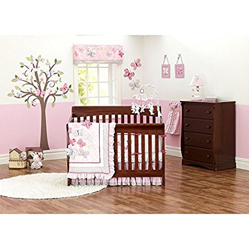 Just Born Antique Chic 7-Piece Crib Bedding Set - Pink Butterfly Floral Design for Baby Girls Nursery | Soft Cotton Crib Sheets, Bumper, Skirt & Decor | Perfect for Newborns & Toddlers Bedroom Decor