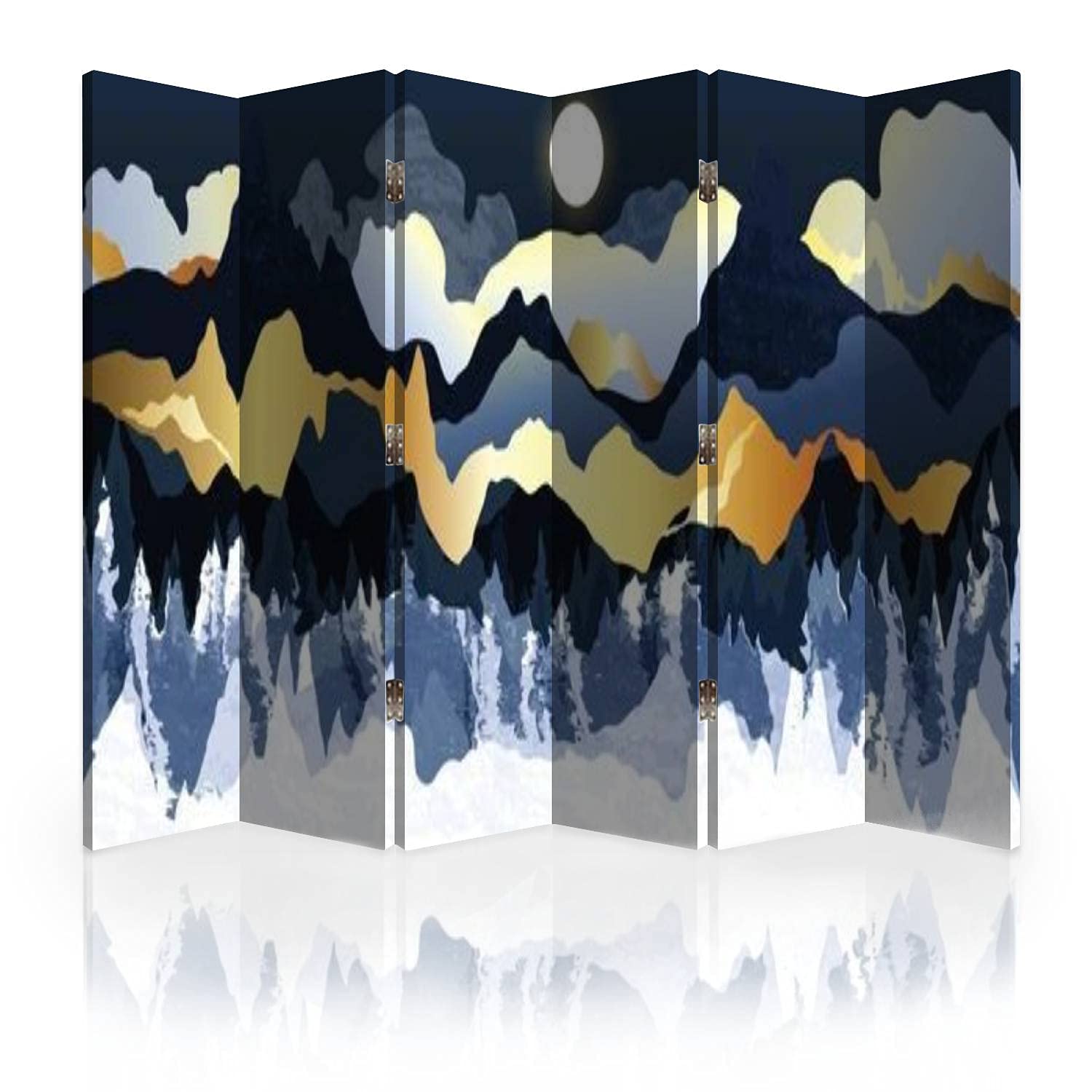 Luxury Golden Mountain Landscape Canvas Room Divider - 6 Panel Folding Privacy Screen with Artistic Line Design | Perfect for Home Office, Bedroom Partition & Living Room Decor