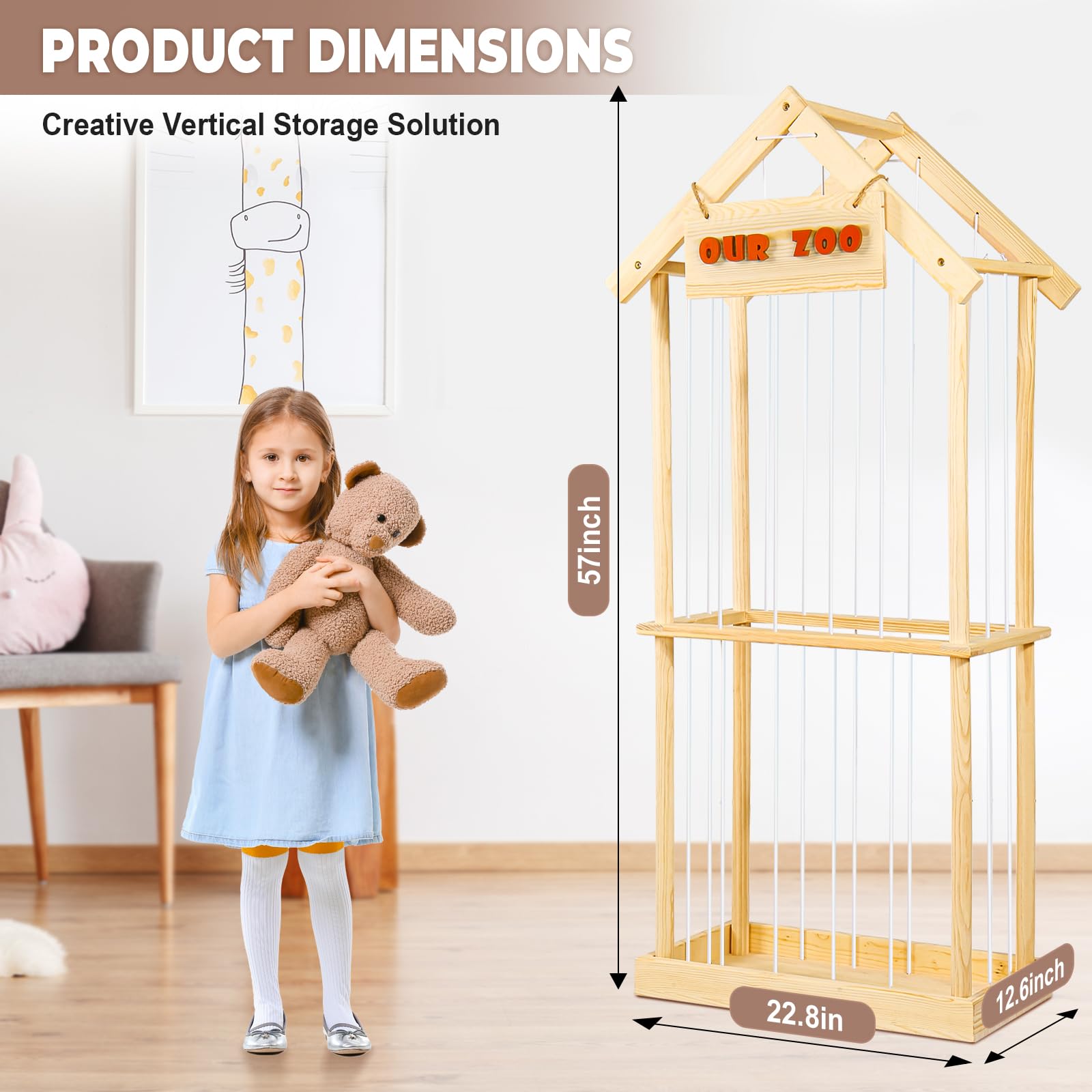 Soft Toy Storage Organizer - Wooden Stuffed Animal Zoo Cage for Nursery & Playroom | Plush Toy Holder for Kids' Room Organization | Perfect for Stuffed Animal Display & Playroom Storage