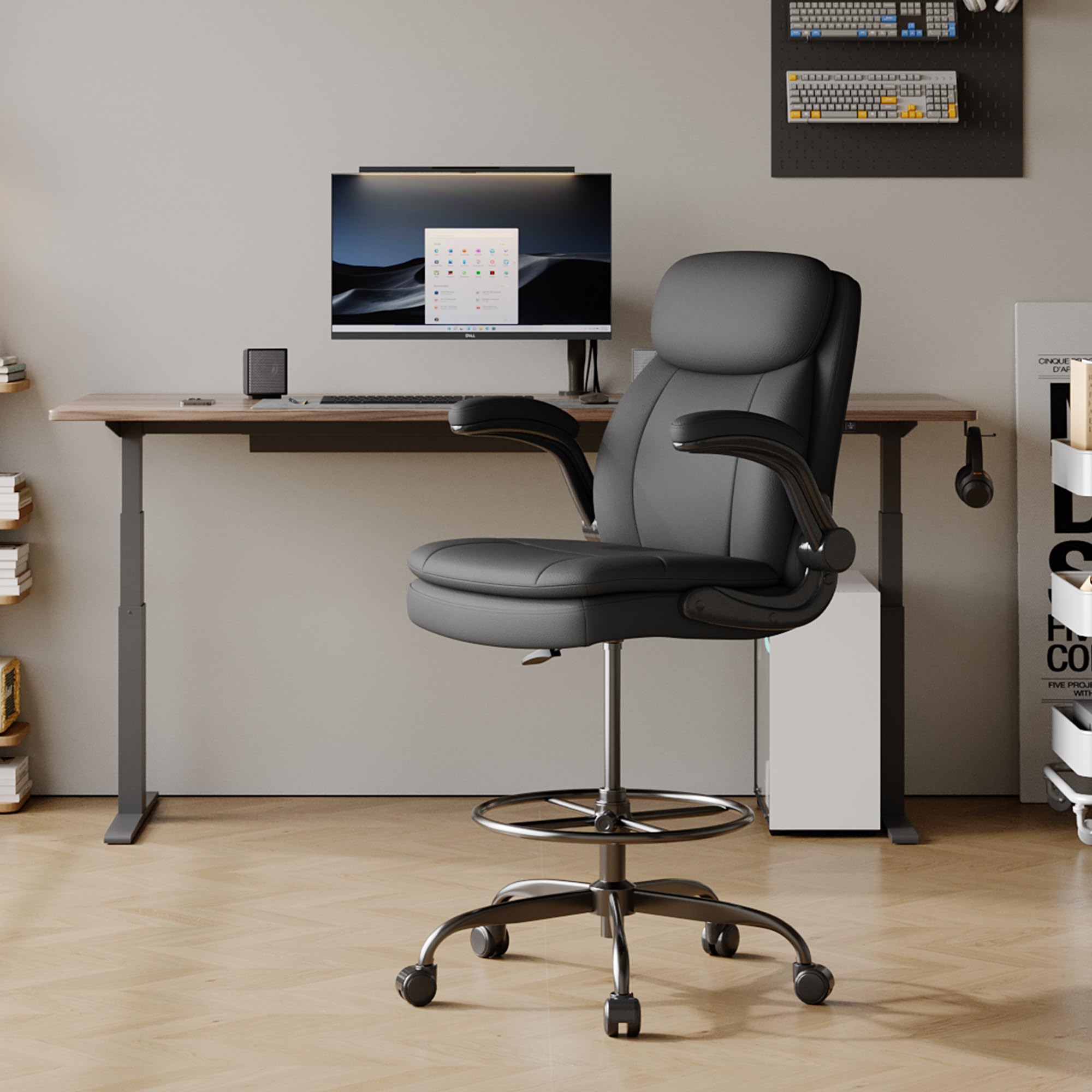 Misolant Adjustable Height Drafting Chair - Ergonomic High Office Chair for Standing Desks, Leather Executive Chair with Flip-Up Armrests - Perfect for Architects, Artists & Counter Height Workspaces
