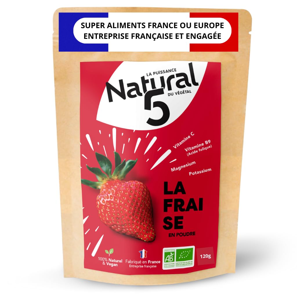 Organic Strawberry Powder 120g - Rich in Fiber, Vitamin C, Folate, Calcium - Supports Digestion - Delicious Taste for Smoothies, Baking & Desserts - Made in France or Europe - Perfect for Healthy Snacks, Protein Shakes & Yogurt Toppings