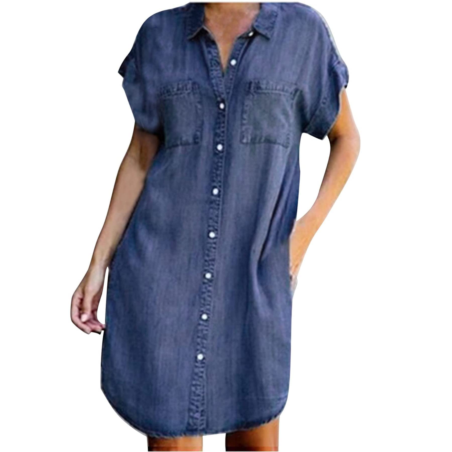 JTAISC Women's Denim Shirt Dress - Short Sleeve Jean Dress for Summer | Casual Button Down Loose Fit with Pockets | Perfect for Beach Outings, Weekend Brunch & Casual Office Wear