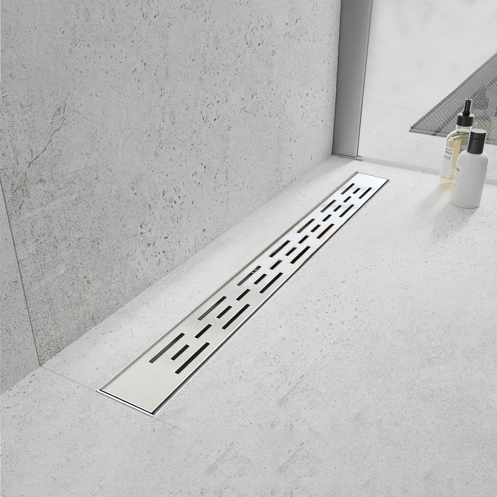 48 Inch Linear Shower Drain with Bar Pattern Grate - AISI 304 Stainless Steel Shower Drain with Hair Strainer & Leveling Feet - Perfect for Modern Bathroom Renovations and Walk-In Showers