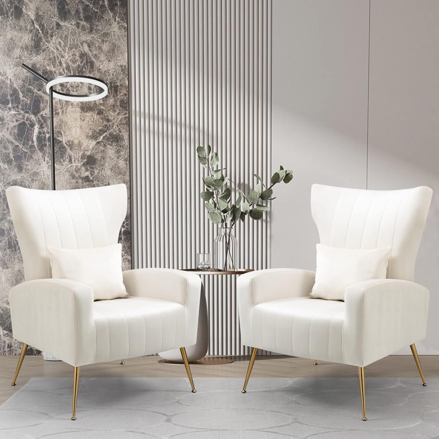 X-VOLSPORT Velvet Accent Chairs Set of 2 - Mid Century Modern High Back Living Room Chairs with Waist Pillow | Upholstered Armchairs with Gold Metal Legs for Bedroom, Living Room & Club | Perfect for Home Decor, Lounge & Relaxation
