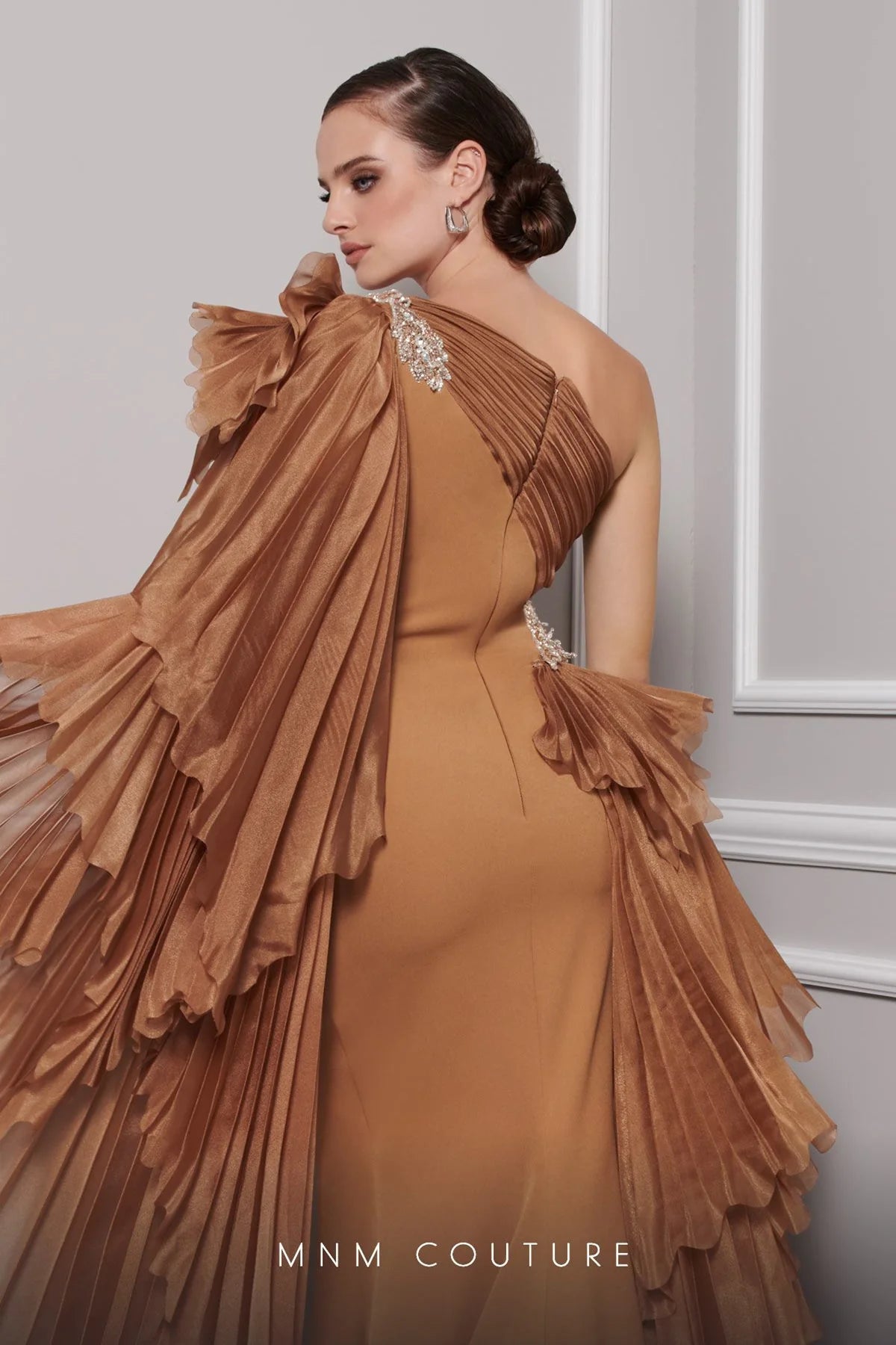 Ariane One Shoulder Long Sleeve Organza Evening Gown - MNM Couture F02801 | Elegant Prom Dress, Wedding Guest Gown & Formal Party Wear