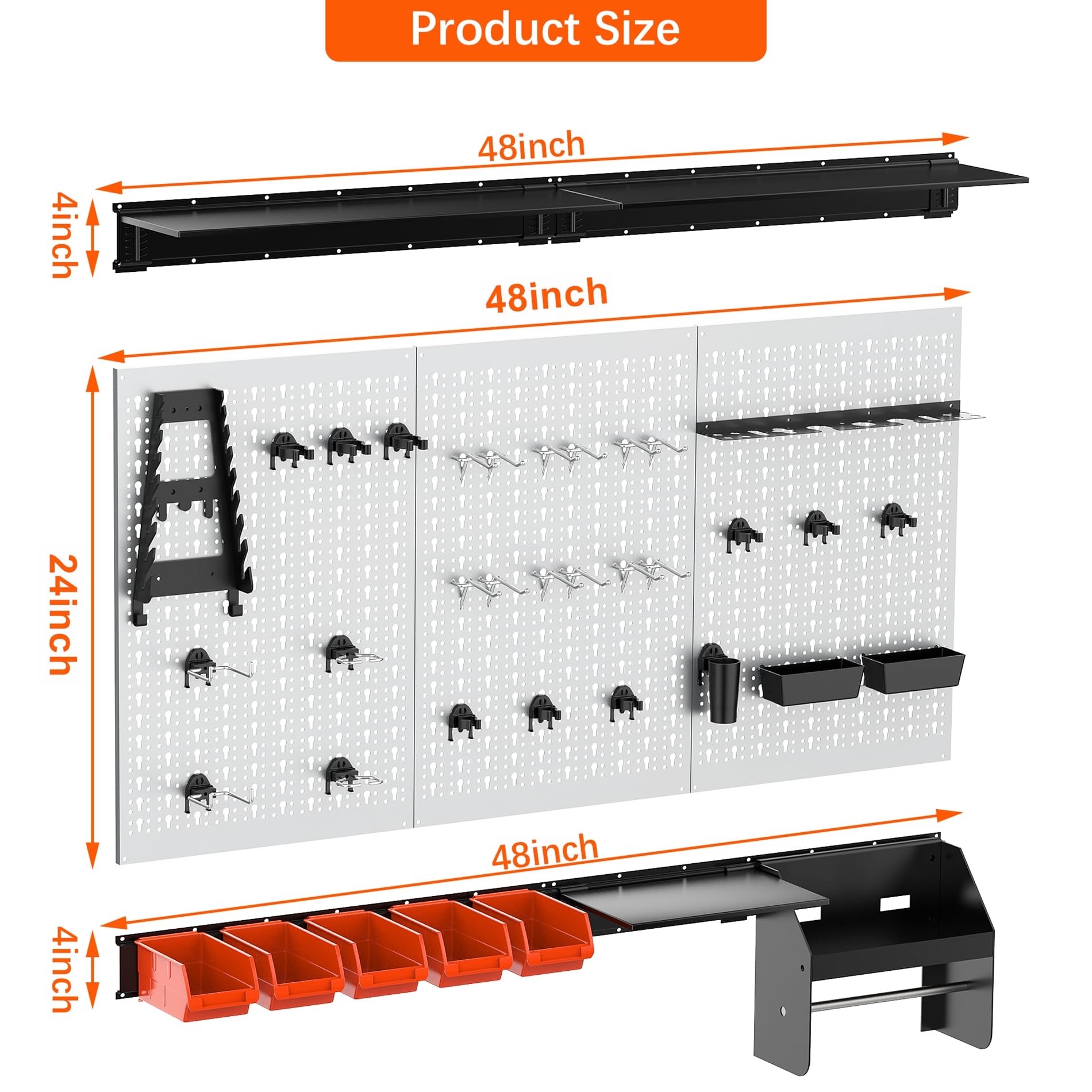 TORACK 4 ft. Metal Pegboard Wall Organizer System - Heavy Duty Garage Tool Storage with Hooks, Accessories & Wall Mounted Bins - Perfect for Workshop, Garage, Shed & Home Organization (Black)
