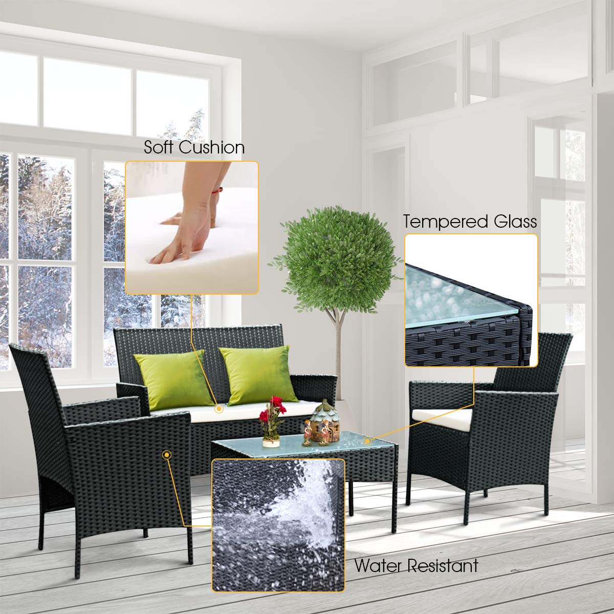Goplus 4-Piece Rattan Patio Furniture Set with Cushions & Tempered Glass Coffee Table - Outdoor Garden Sofa Set for Balcony, Backyard, Poolside (Black) - Perfect for Relaxing, Entertaining & Sunbathing
