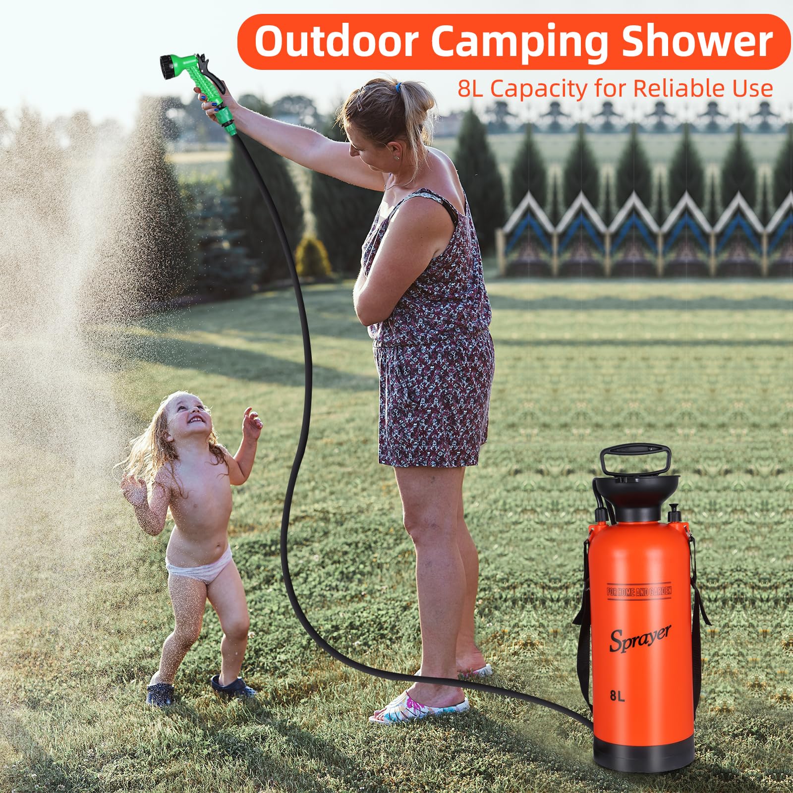 Portable Camping Shower with 7 Spray Modes - Hand Press Outdoor Shower with Removable Hose & Shower Head - Pressure Rinse Kit for Hiking, Travel, Beach, Garden & Pet Washing - Perfect for RV Trips, Off-Grid Living & Emergency Use