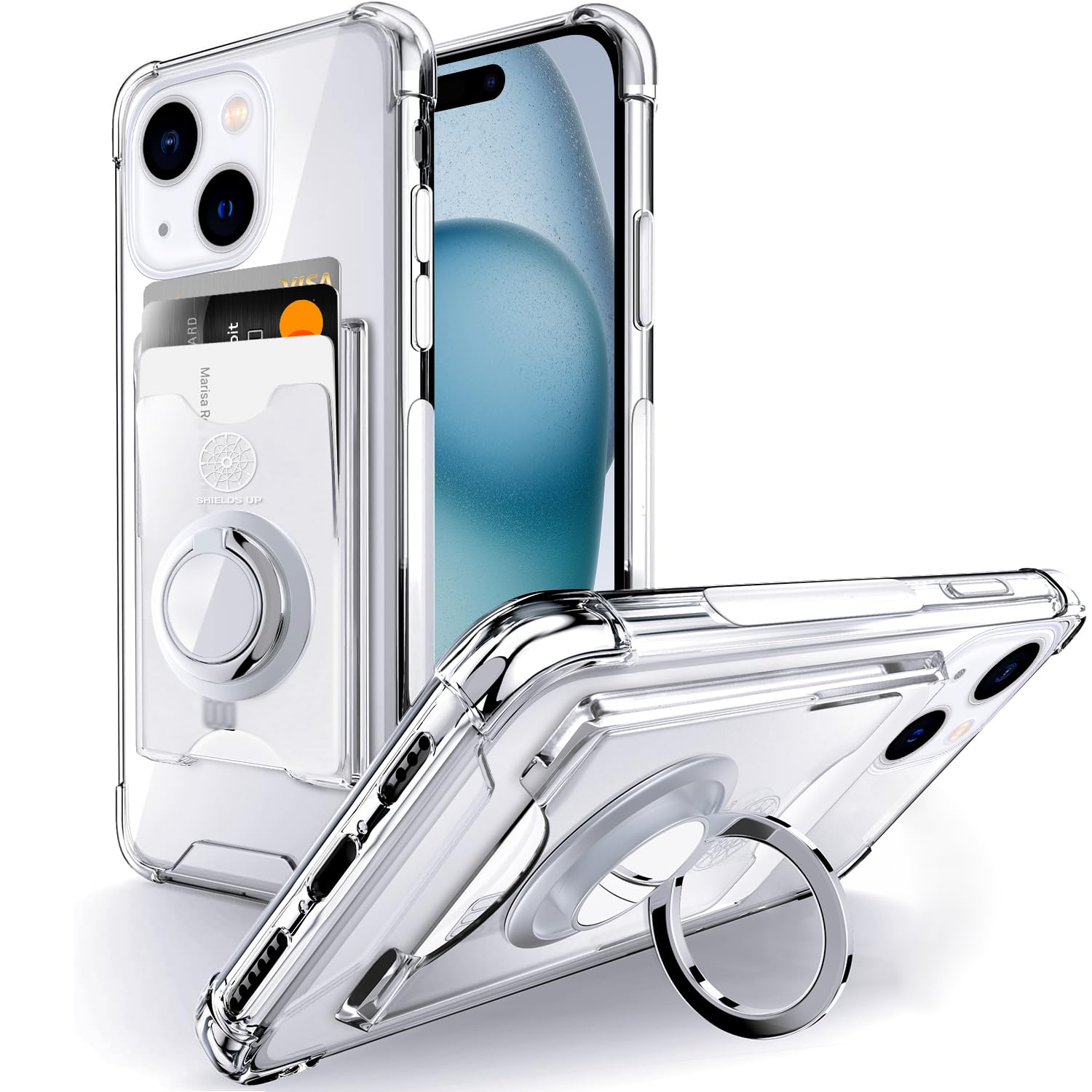 Shields Up iPhone 15 Plus Case (6.7 inch) - Slim Clear Protective Cover with Built-in Wallet (Holds 3 Cards), Ring Stand & Kickstand | Military-Grade Drop Protection | Perfect for Everyday Use, Travel & Hands-Free Viewing