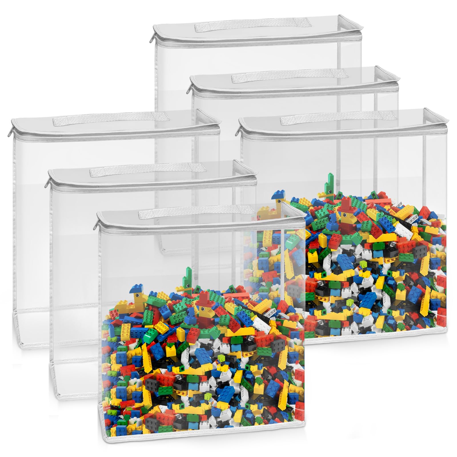 6 Pack Clear Zippered Toy Storage Bags - Transparent Organizer for Blocks, Puzzles & Small Toys - Perfect for Kids' Room, Playroom & Travel Organization