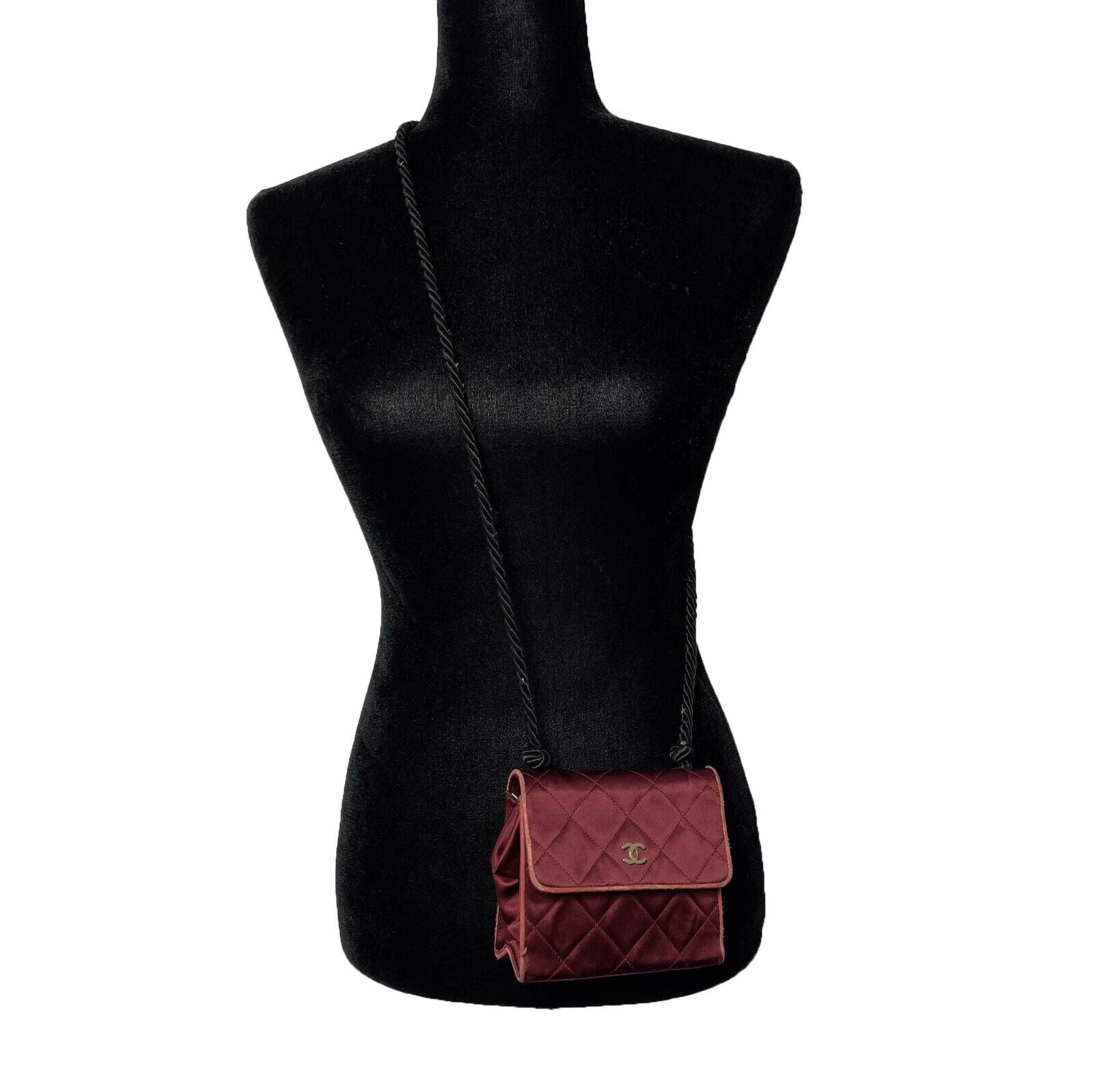 Vintage CHANEL Mini Satin Quilted Rope Shoulder Crossbody Bag in Burgundy & Black - Perfect for Evening Events, Date Nights & Luxury Fashion Collectors