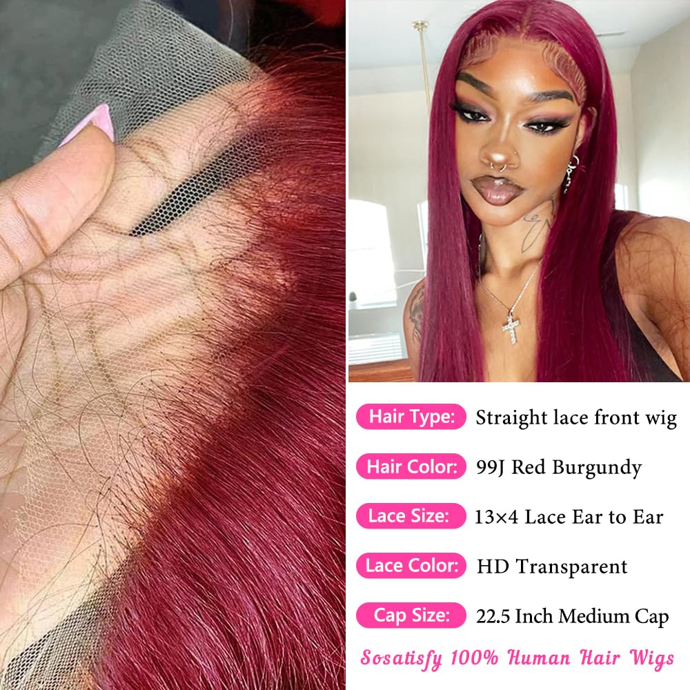 99J Burgundy Lace Front Wig Human Hair 13x4 Glueless HD Transparent Red Wig - 200% Density Pre Plucked with Baby Hair for Women (26 Inch) | Perfect for Cosplay, Parties, Weddings & Daily Wear
