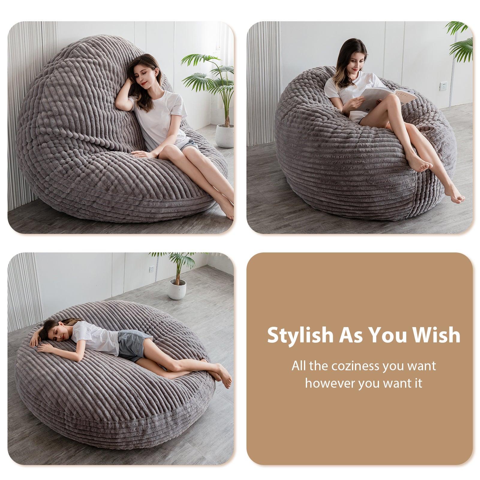 MAXYOYO Giant Bean Bag Chair for Adults - Round Soft Striped Faux Fur Bean Bag in Grey | Large Comfortable Lounge Chair for Living Room, Bedroom, Game Room & Dorm