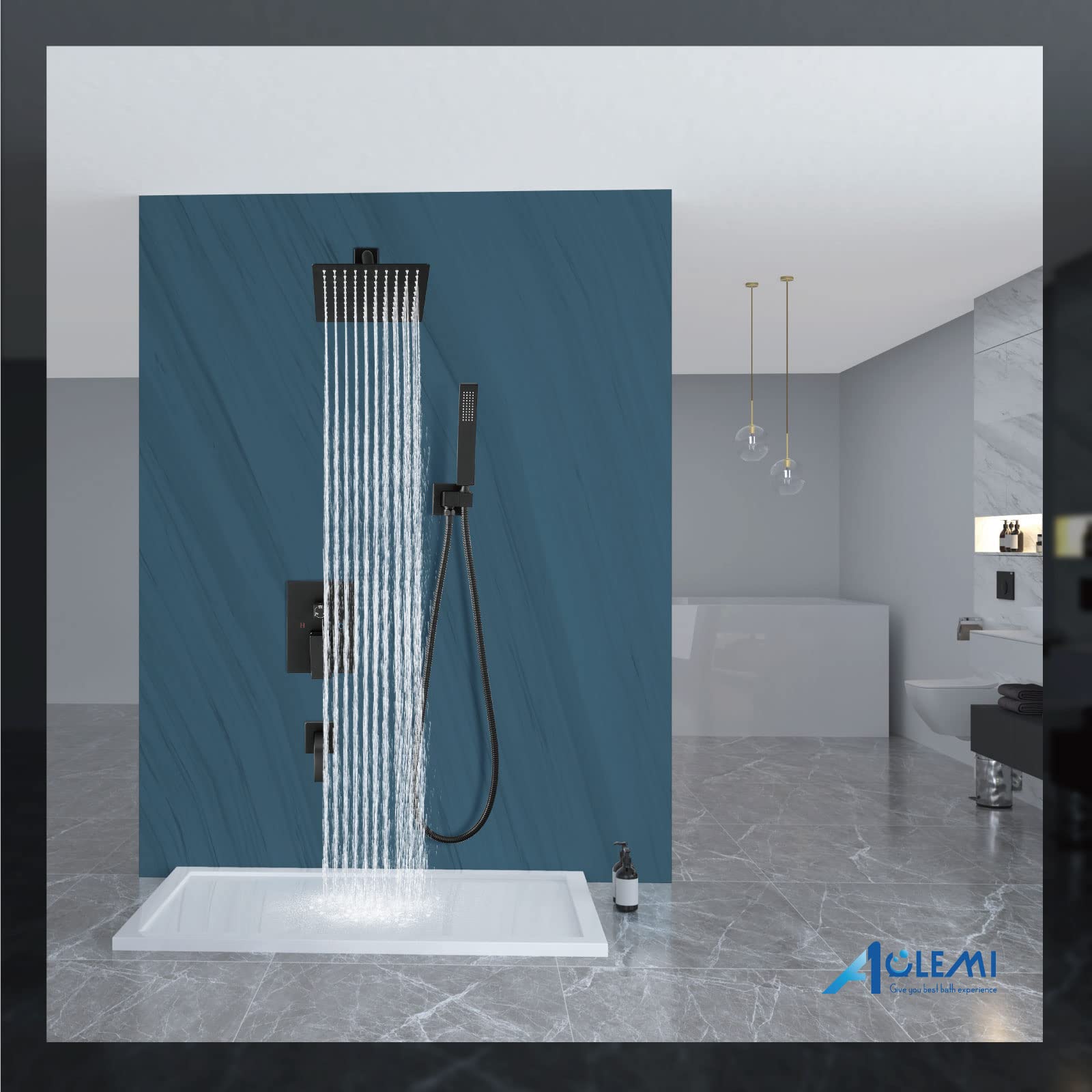 **Aolemi Luxury Rainfall Shower System - 8 Inch Matte Black Shower Head Combo Set with Tub Filler, Handheld Shower & Rough-in Valve | Wall Mount Bathroom Mixer Faucet for Spa-Like Relaxation**