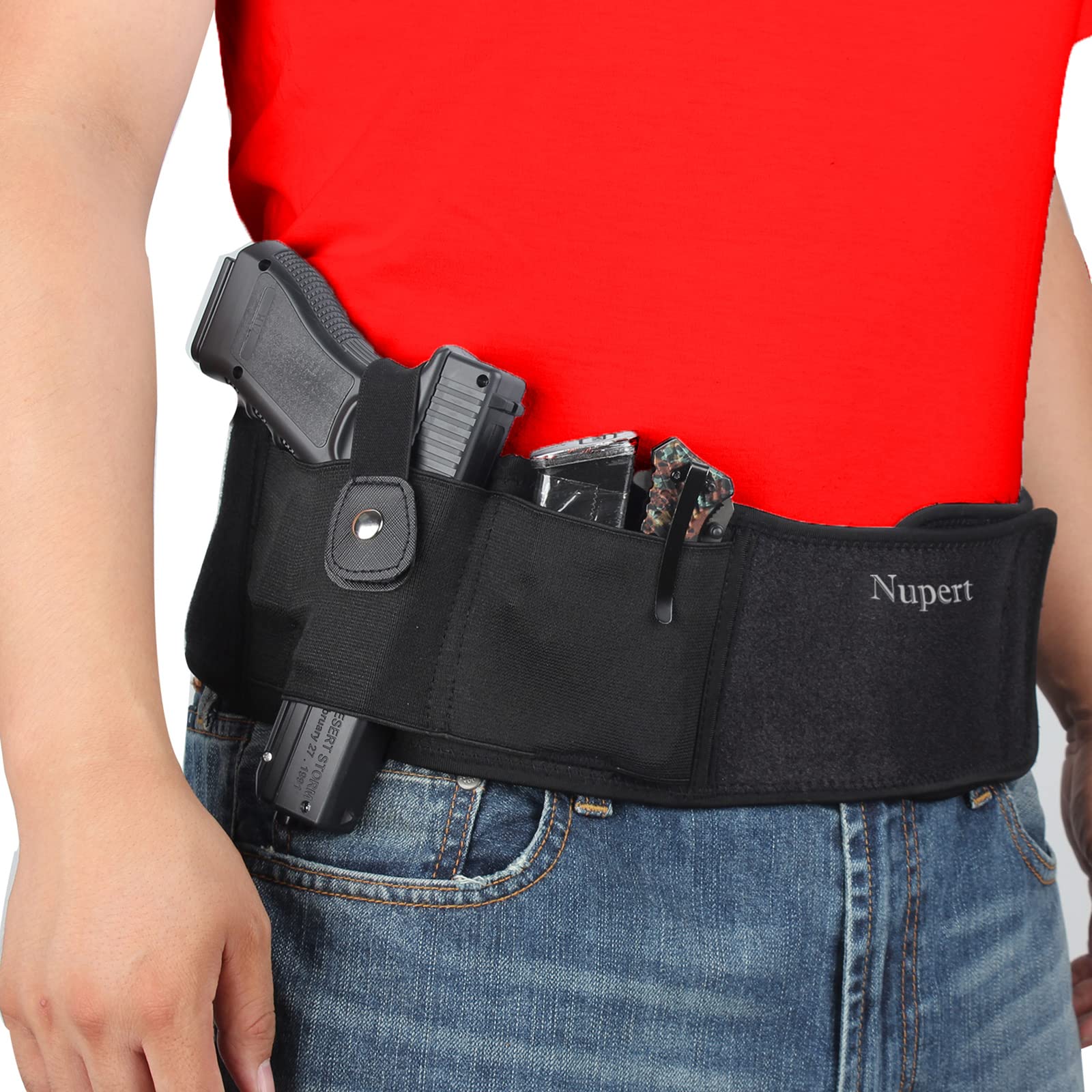 NUPERT Belly Band Gun Holster for Concealed Carry - Fits Glock 19, 17, 42, 43, S&W Bodyguard, Ruger LCP & Similar Handguns - Adjustable Waistband for Men & Women (Black) | Perfect for Running, Travel & Everyday Wear