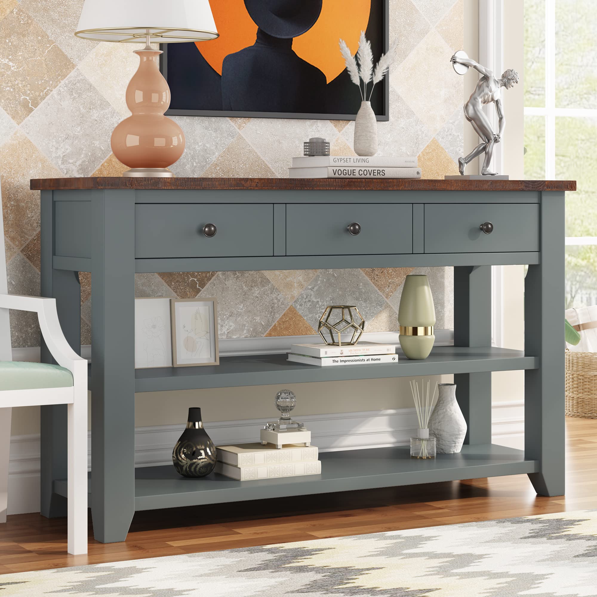 Modern Solid Wood Console Table with 3 Drawers & 2 Shelves - 48