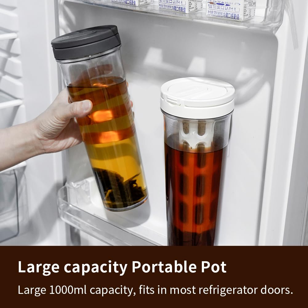 Watchget 34oz/1L Portable Cold Brew Coffee Maker & Iced Tea Brewer with Leak-Proof Design & Removable Fine Mesh Filter - Perfect for Camping, Travel, Office & Home Use (White)