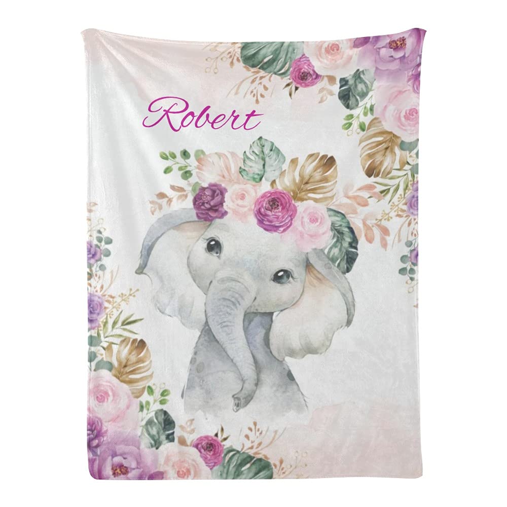 Custom Personalized Baby Blanket with Elephant & Flowers Design - Super Soft Fleece Nursery Blanket 30x40 Inches for Boys & Girls - Perfect for Baby Shower, Birthday Gift & Nursery Decor