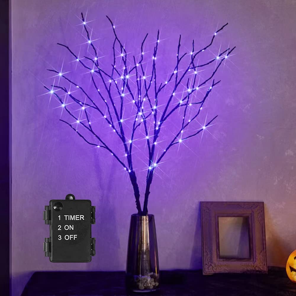 LITBLOOM 35IN Battery Operated Halloween Tree with 100 Purple LED Lights - Black Lighted Branches with Timer for Indoor/Outdoor Decor - Perfect for Halloween Party, Home, Yard & Garden Decoration