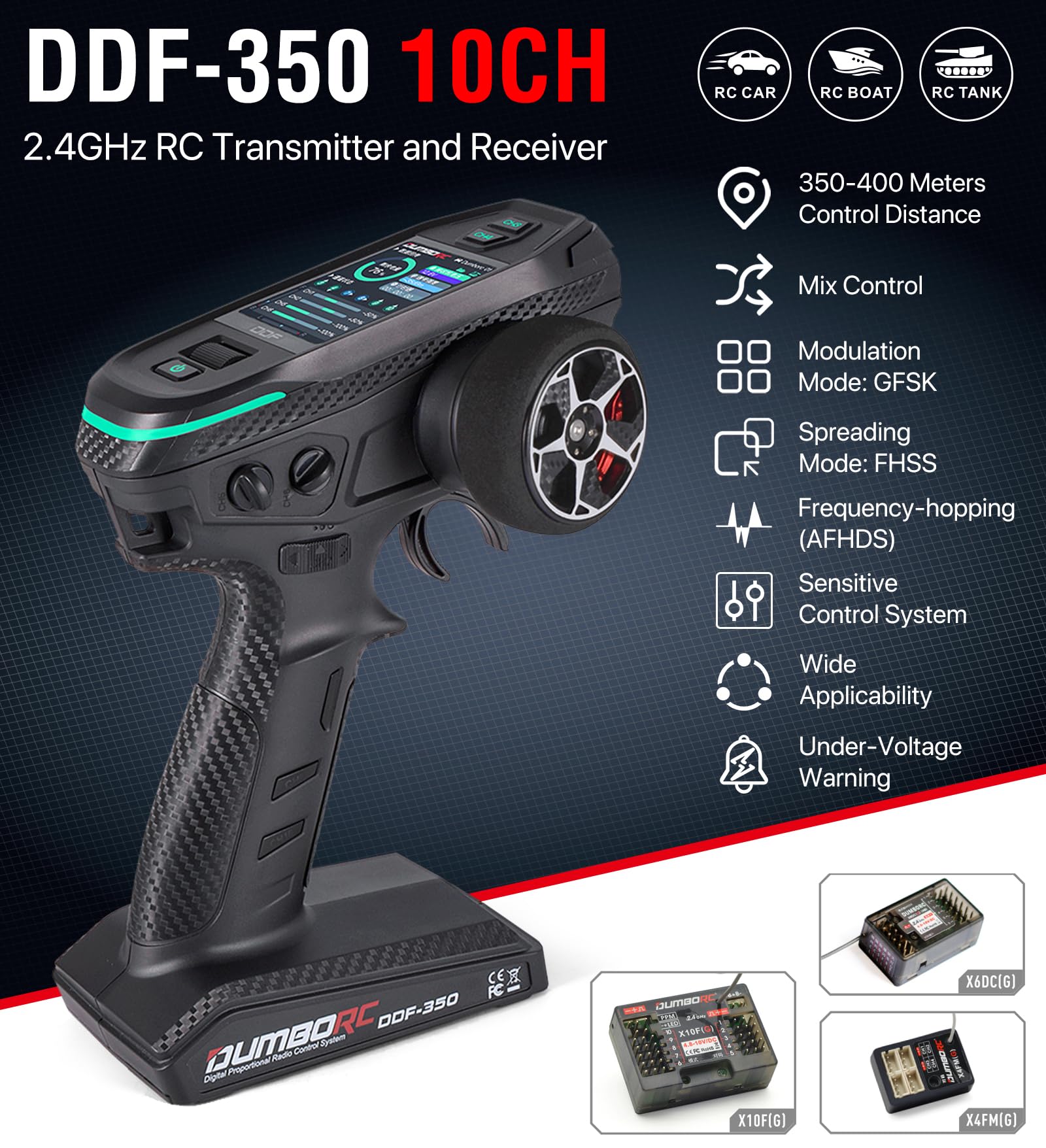 10 Channel RC Radio Transmitter and Receiver DDF-350 with X10FG & X6DCG - 2 Receivers & 1 Light - HD Screen 10CH Remote Controller for RC Cars, Trucks, Crawlers, Boats & Tanks - Perfect for Off-Road Racing, Crawling & Water Adventures
