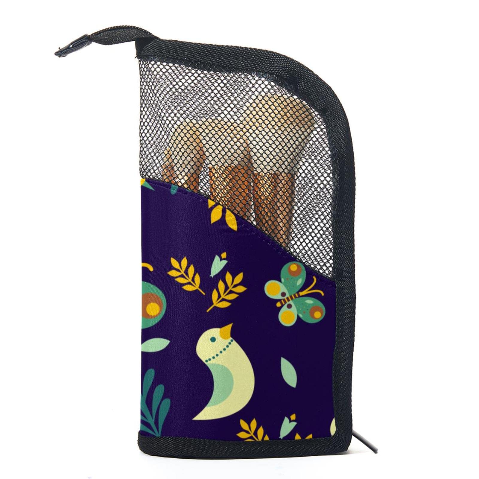 Portable Makeup Brush Organizer Bag with 12 Slots - Floral Birds & Butterflies Design Makeup Brush Holder Case - Perfect for Travel, Home Vanity & Professional Makeup Artists