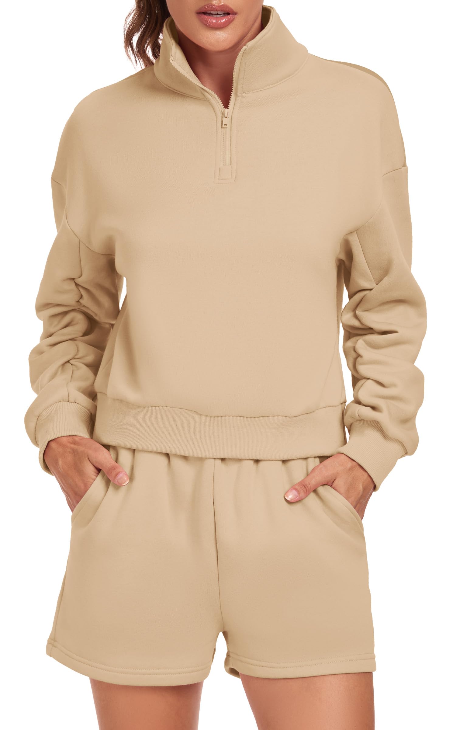 Women's 2 Piece Lounge Set - Oversized Half Zip Sweatshirt & Shorts Casual Tracksuit for Women | Comfortable Loungewear for Home, Yoga, Gym & Running