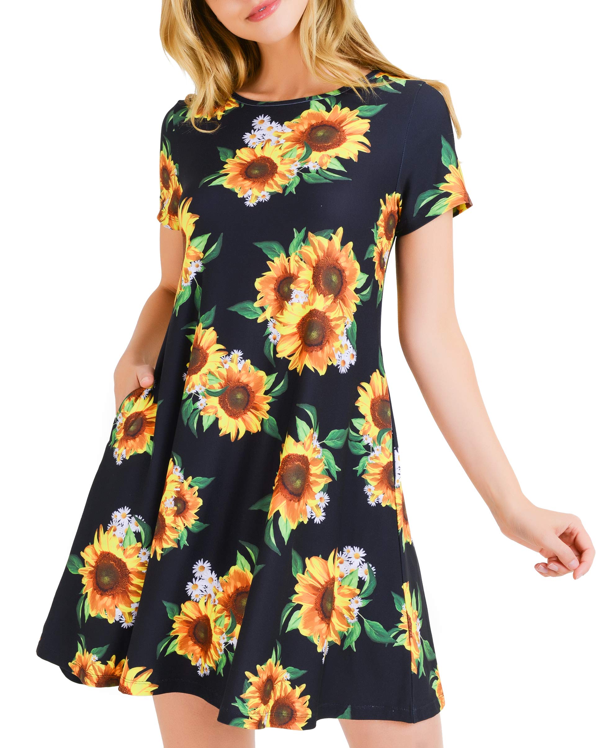 ICONOFLASH Women's Floral Print Casual Summer Dress with Pockets - Short Sleeve Comfortable A-Line Dress for Beach, Vacation & Daily Wear