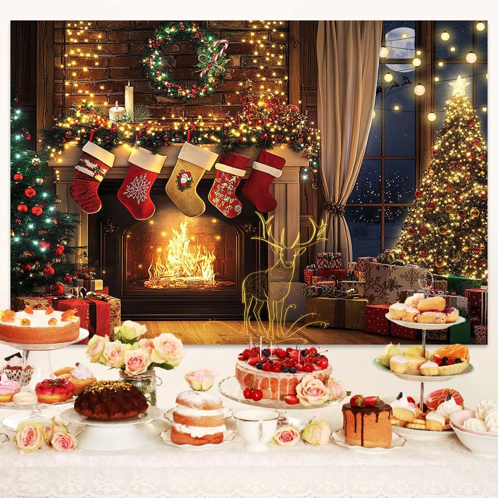 10x8ft Christmas Fireplace Backdrop with Deer, Winter Snow Scene - Xmas Tree, Stockings & Holiday Decor for Photography, Party Photo Booth, Kids Birthday, New Year Celebrations and Festive Home Decor