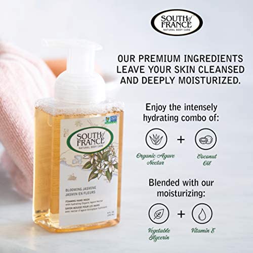 South of France Blooming Jasmine Foaming Hand Soap - Organic Hydrating Hand Wash with Agave Nectar, 8 oz Pump Bottle (6 Pack) | Gentle Cleansing for Kitchen, Bathroom & Office | Vegan & Cruelty-Free