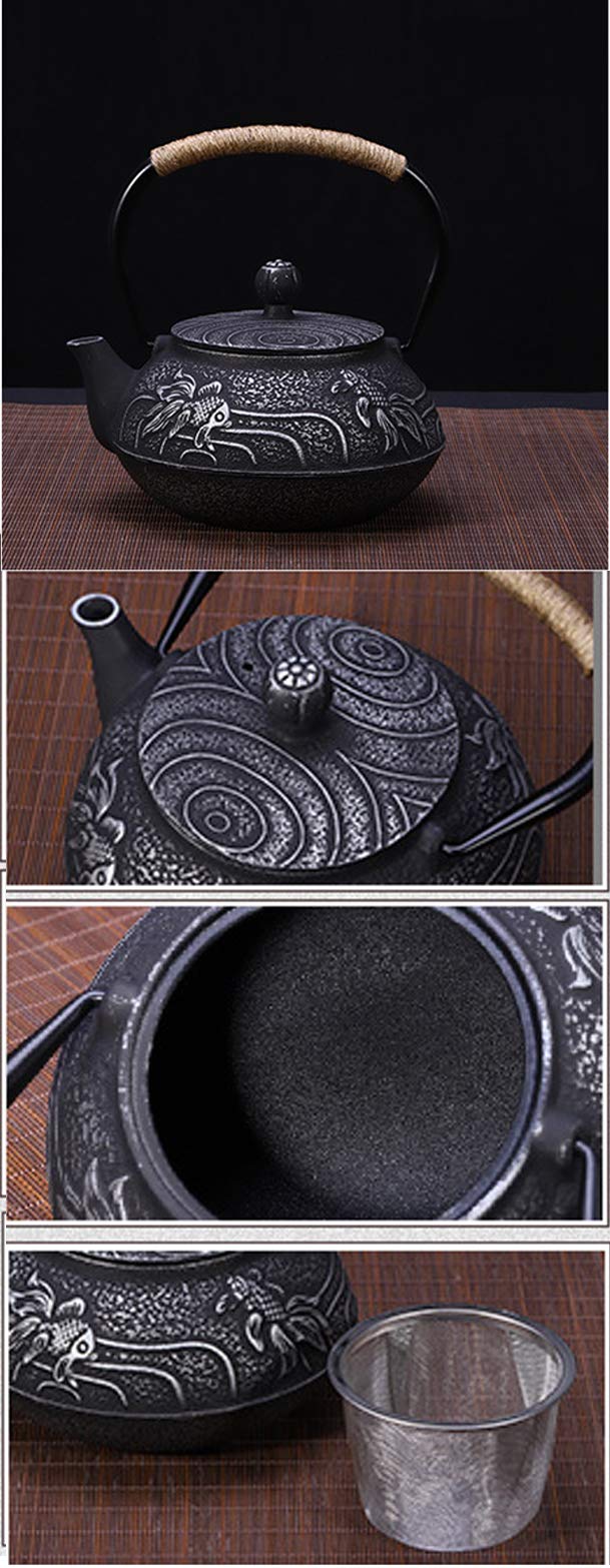 Premium Tetsubin Cast Iron Tea Kettle - Authentic Japanese Fish Pattern Design with Stainless Steel Infuser - 30.4oz Capacity - Perfect for Traditional Tea Ceremonies & Home Brewing