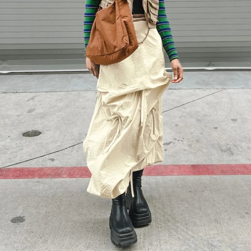 Asymmetrical Drawstring Bow Loose Long Skirt for Women - Streetwear Cargo Draped Solid Skirt with Shirring Details | Gorpcore Fashion Outfit for Casual Wear, Outdoor Adventures & Urban Street Style