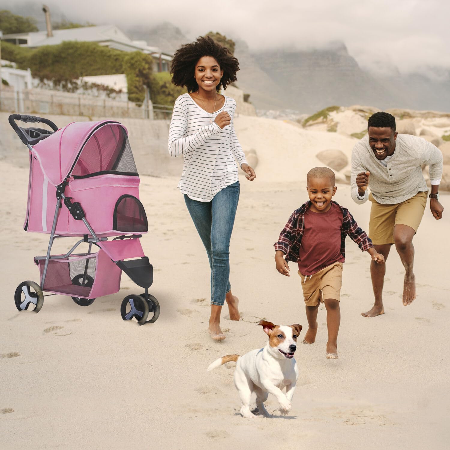 Critter Sitters 3-Wheel Jogging Dog Stroller - Lightweight Pet Stroller for Medium Dogs & Cats Up to 33lbs with Storage Basket & Cup Holders - Perfect for Running, Walking, Shopping & Outdoor Adventures (Pink)