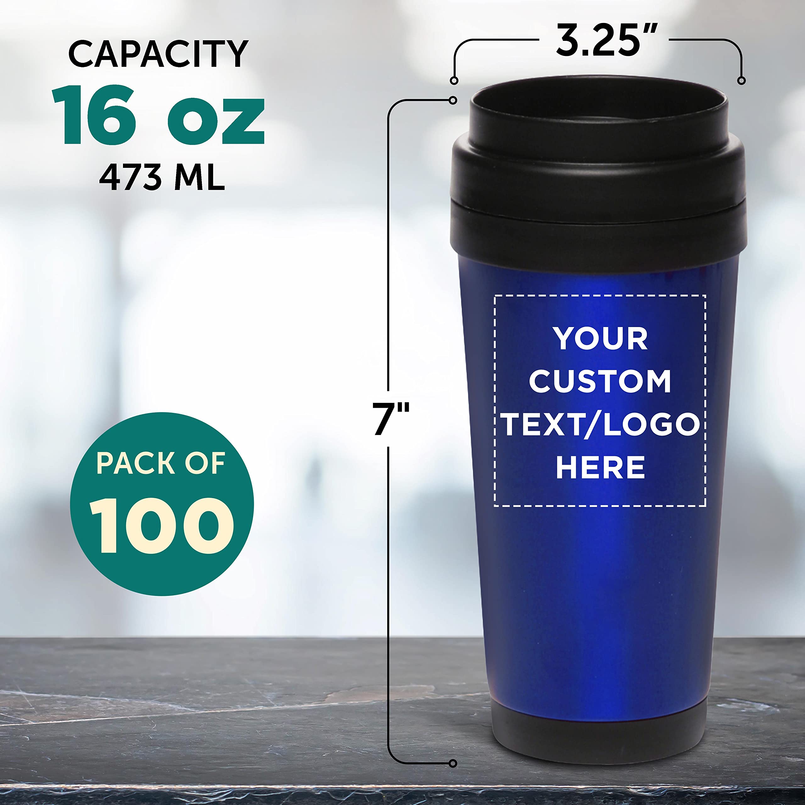 Custom Insulated Stainless Steel Travel Mugs 16 oz (100-Pack) - Personalized Bulk Coffee Cups for Hot & Cold Beverages - Ideal for Office, Events, Promotions & Daily Use - Blue