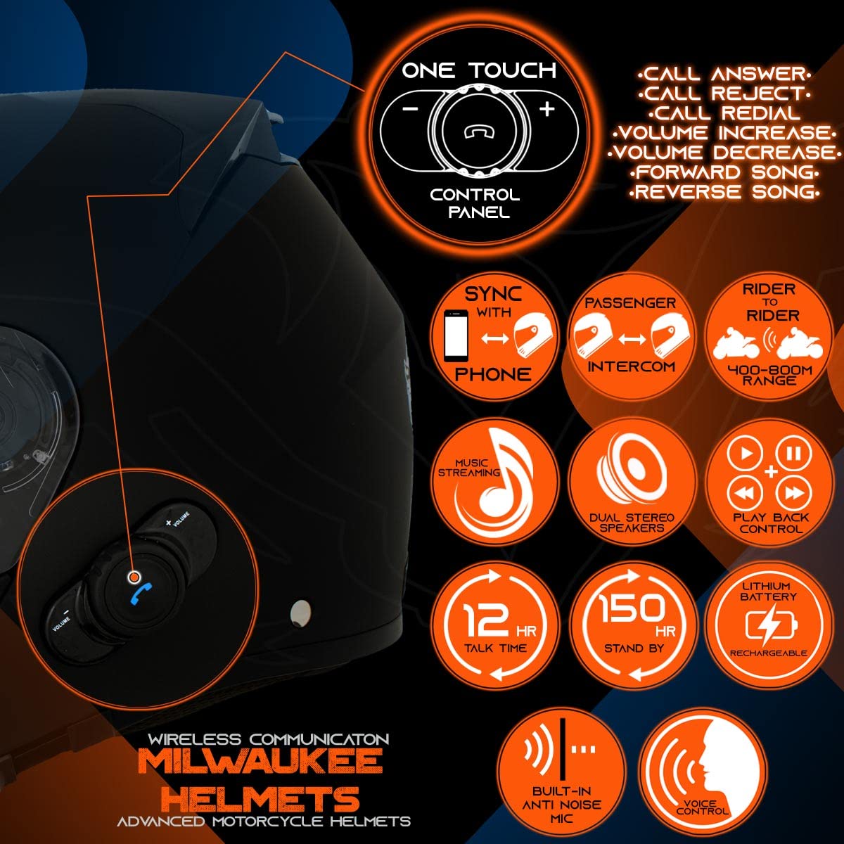 Milwaukee H7000 Glossy Black Modular Full Face Motorcycle Helmet with Bluetooth - Wireless Music Streaming & Hands-Free Calls - DOT Approved - Small Size - Perfect for Commuting & Adventure Riding