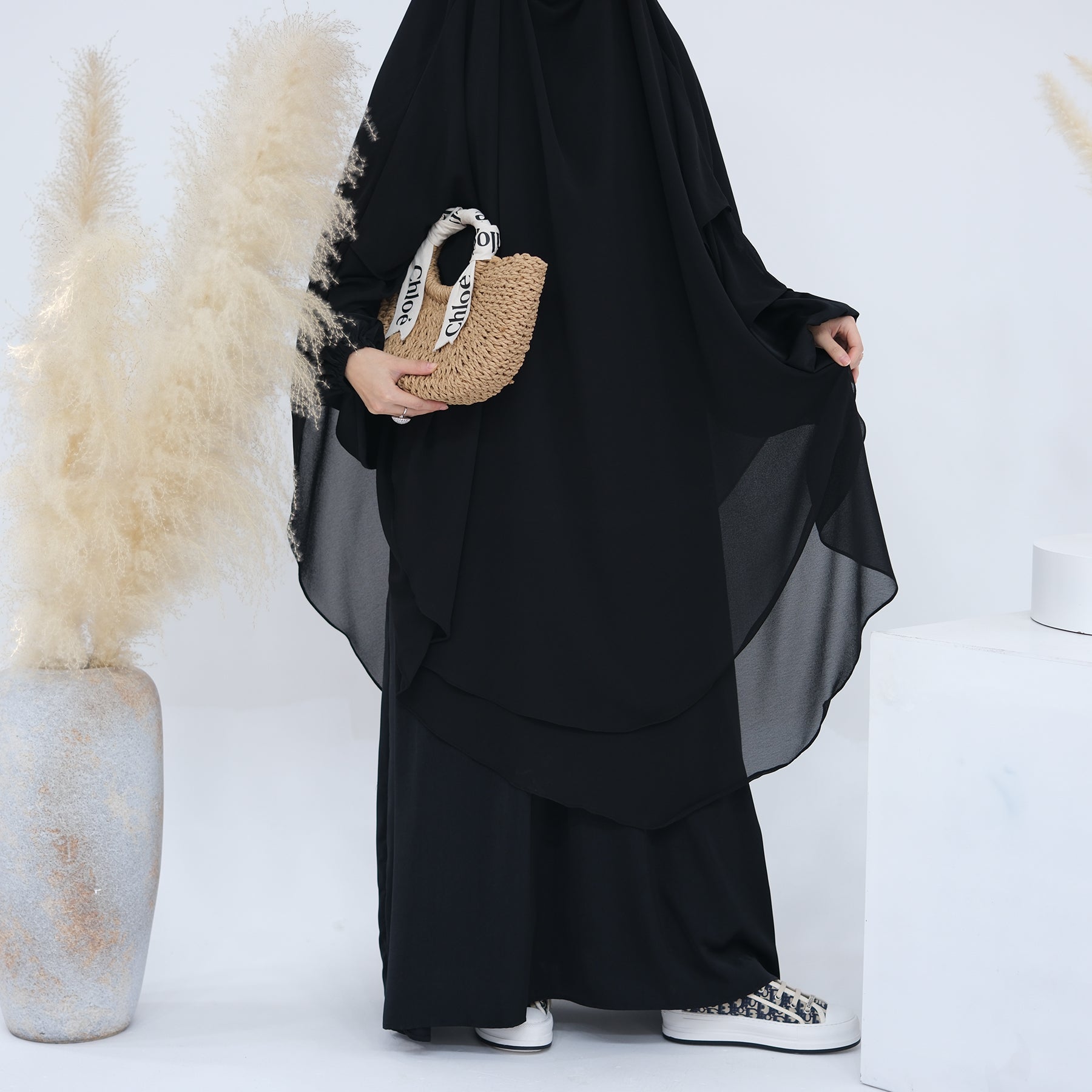 2 Layer Maxi Chiffon Khimar - Elegant Muslim Prayer Dress for Women in Black | Perfect for Prayer, Mosque, and Special Occasions