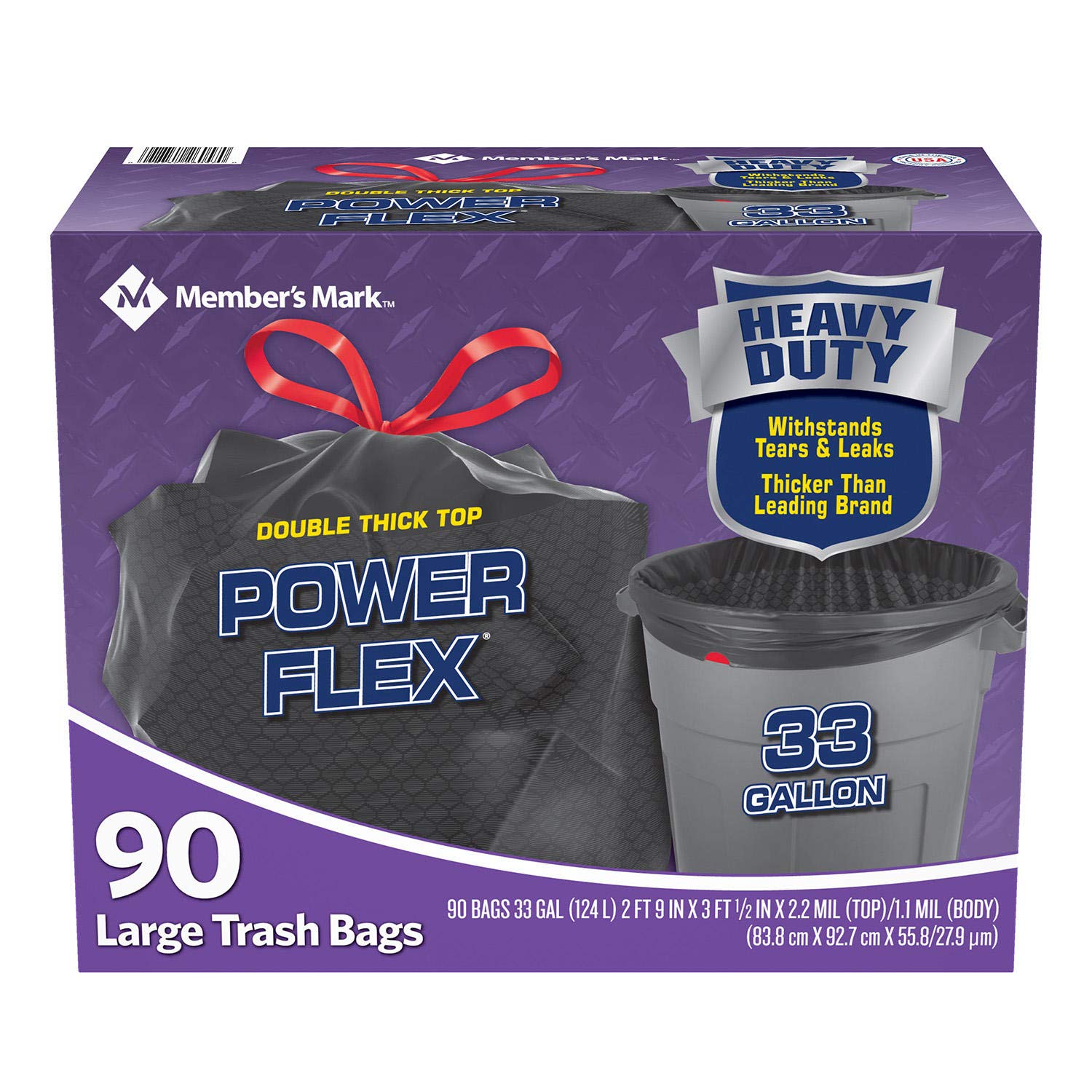 Member Mark 33-Gallon Heavy Duty Drawstring Trash Bags - 90 Count (3 Pack) | Leakproof & Tear-Resistant | Perfect for Kitchen, Office & Outdoor Use