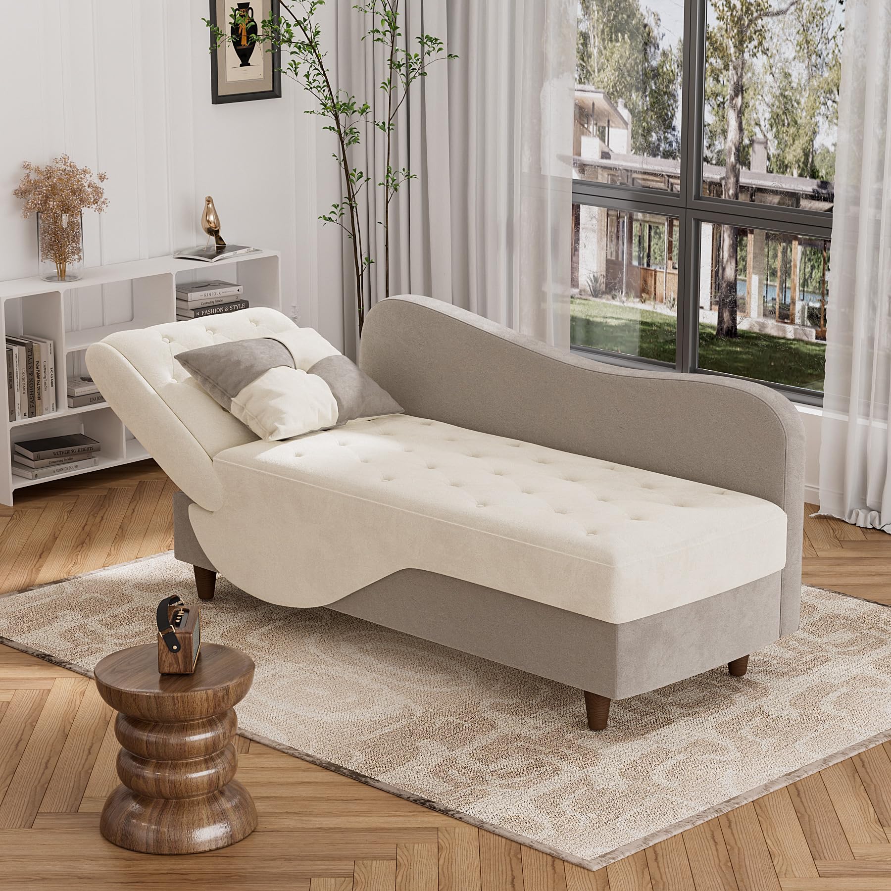 OUYESSIR Velvet Upholstered Adjustable Recliner Chaise Lounge Chair with Storage & Pillow - Button Tufted Sofa for Living Room, Bedroom, Office - Beige Modern Furniture for Relaxation & Small Space Decor