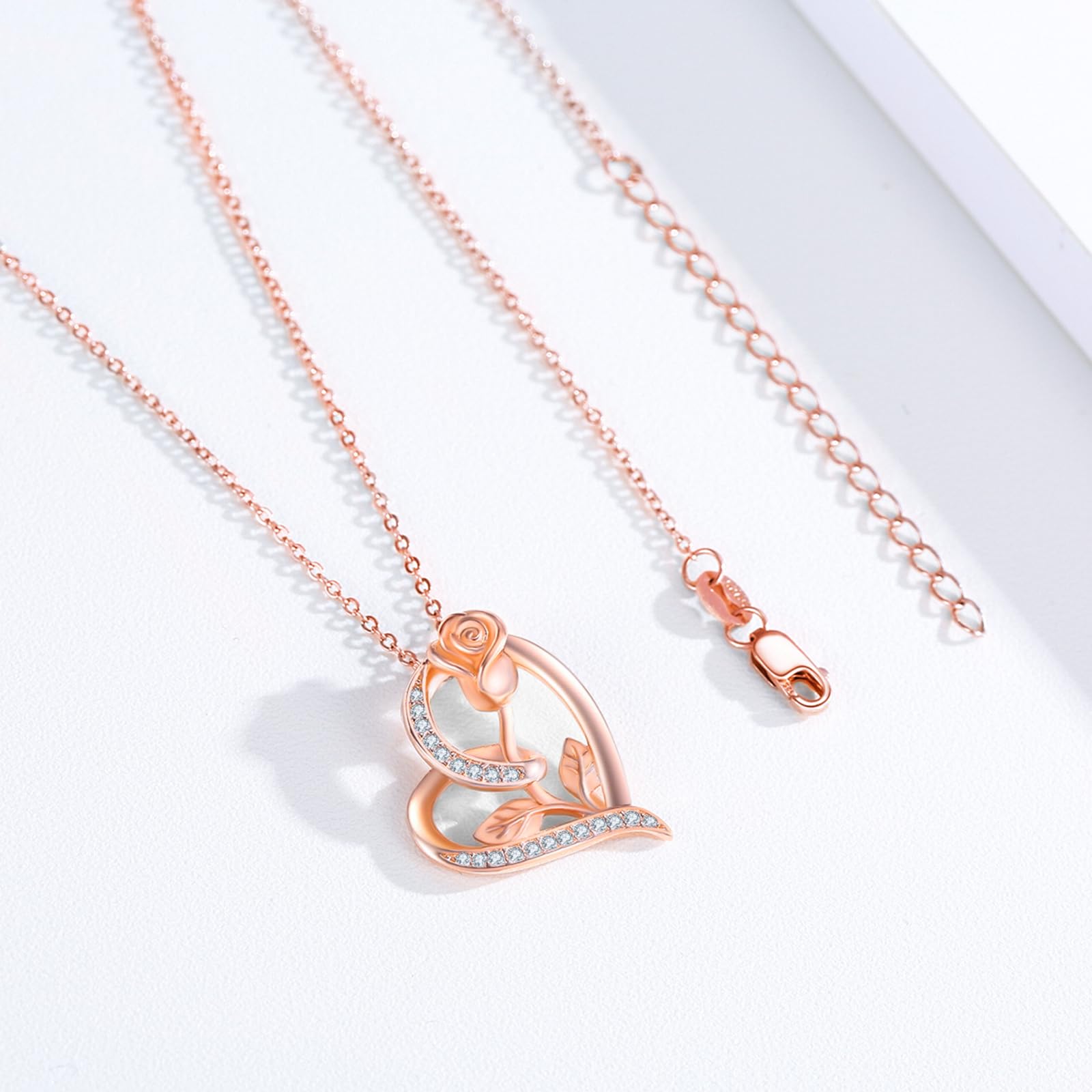 925 Sterling Silver Rose Flower Necklace with Heart Pendant - Elegant Rose Gold Jewelry Gift for Women, Girls & Mom | Perfect for Valentine's Day, Anniversary, Birthday & Special Occasions