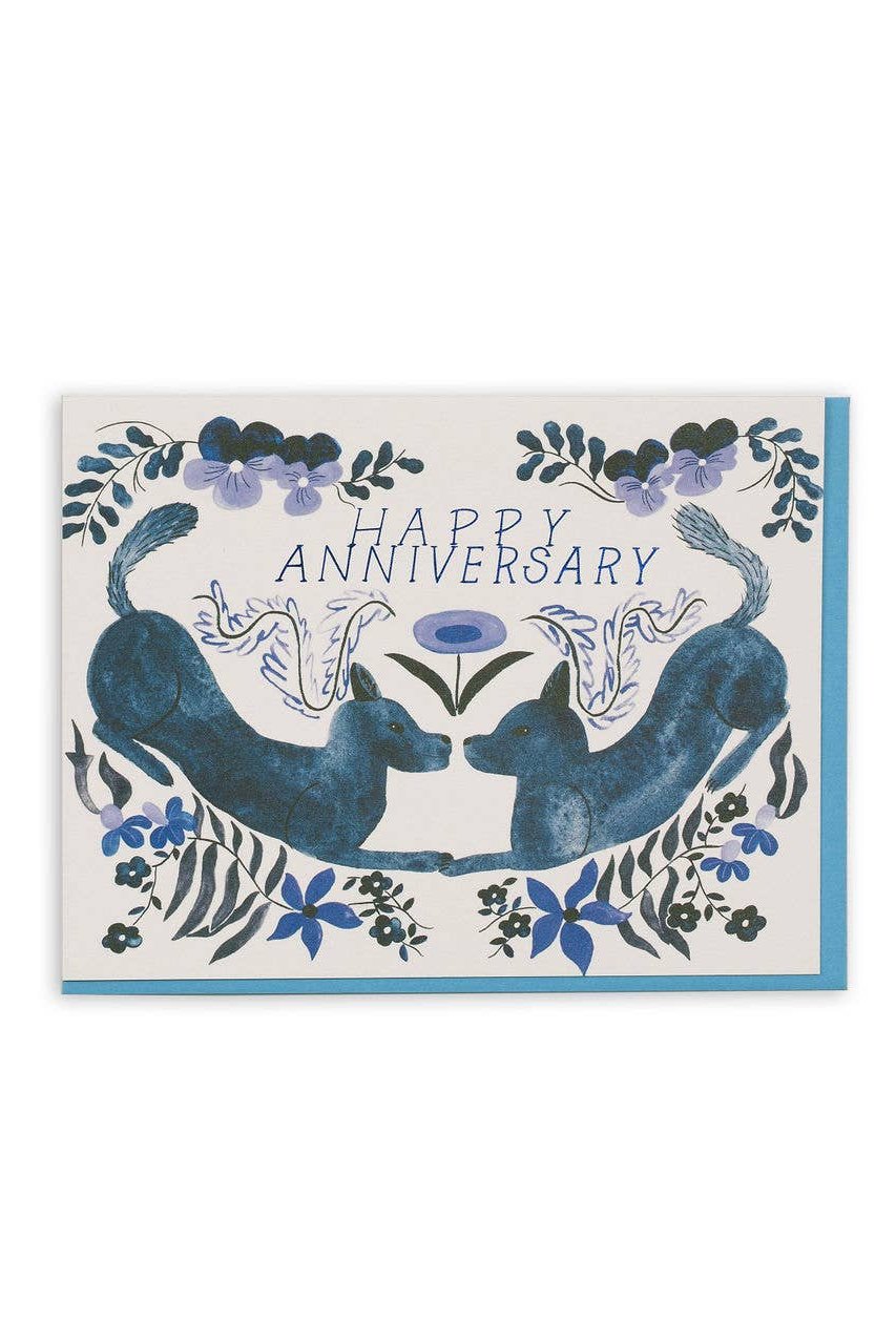 Happy Anniversary Folk Dogs Greeting Card - Cute Handmade Card for Couples, Spouses & Loved Ones - Perfect for Anniversaries, Weddings & Romantic Occasions
