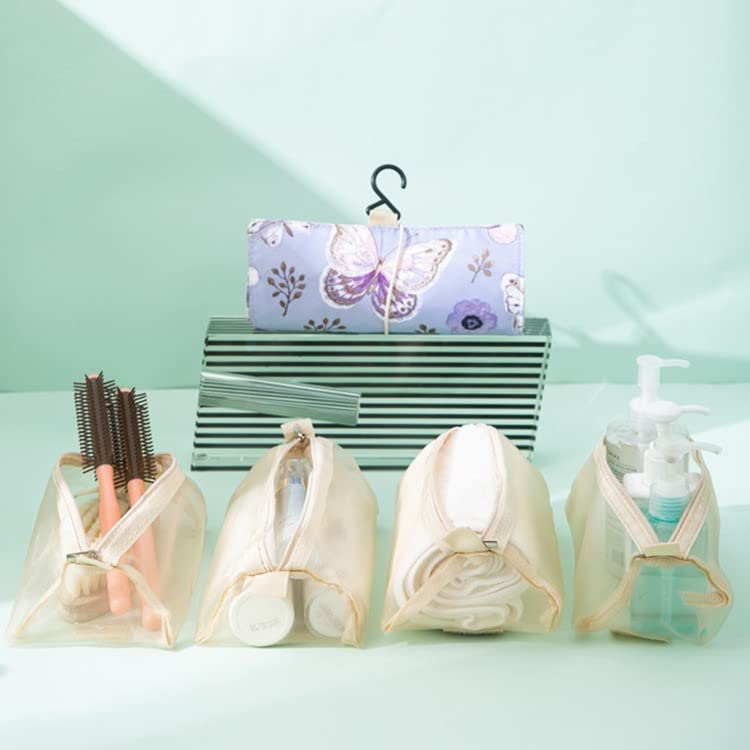 TINSICO Hanging Roll-Up Makeup Bag | Waterproof Travel Toiletry Organizer for Women | 4 Removable Cosmetic Storage Pouches | Perfect for Makeup, Skincare, First Aid & Bathroom Essentials | Floral Design | Ideal for Travel, Camping & Gym Use