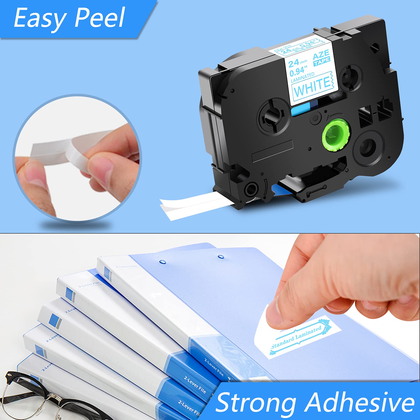 GREENCYCLE Compatible Brother TZe-253 TZe253 Label Tape 24mm (0.94 Inch) - 50 Pack Blue on White Laminated Label Cartridge for PT2730, PT9600, PTD600VP, PTD800W, PTH500LI, PTP700, PTP710BT, PTP750 - Perfect for Office Organization, Shipping Labels & Product Tagging
