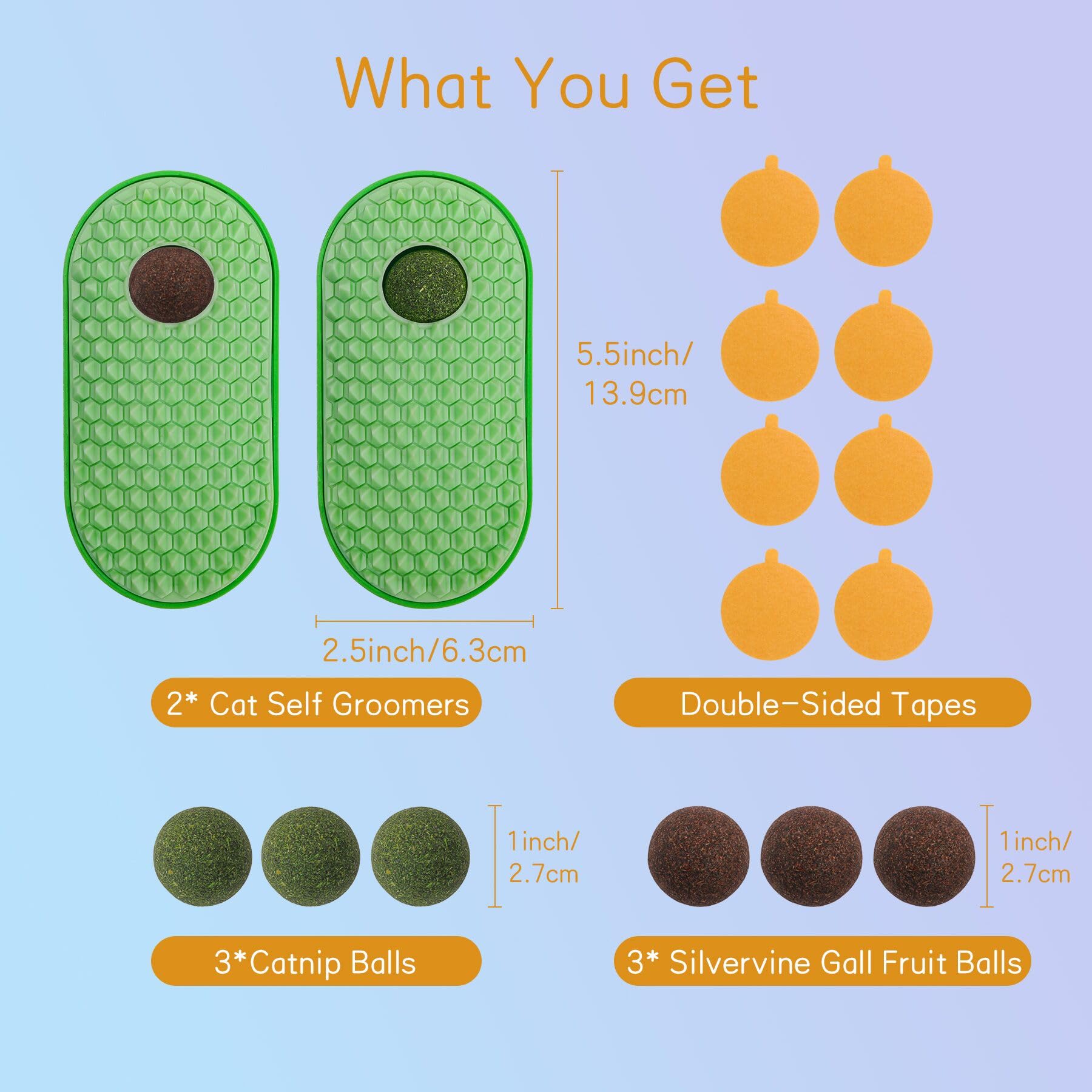 SEVENKA 2 Pack Cat Grooming Brush with 3 Catnip Balls & 3 Fruit Balls - Self-Cleaning Cat Scratcher Toy for Indoor Kittens - Wall Mounted Chew Toy for Stress Relief & Playtime - Perfect for Home, Office or Pet Salon Use