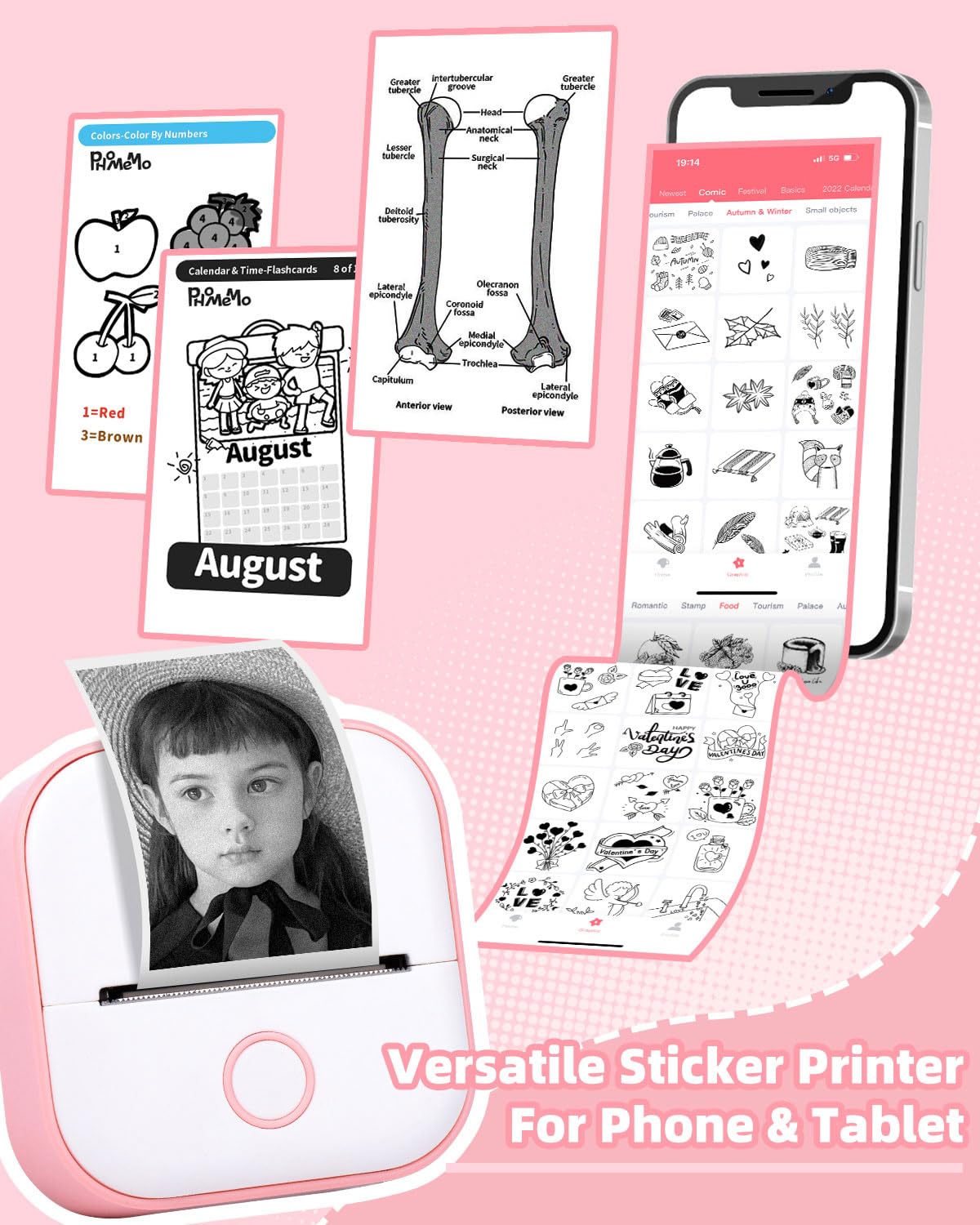 Memoking Mini Sticker Printer - Wireless Inkless Thermal Label Maker for Students, Birthday Gifts | Portable Sticker Machine Compatible with iOS & Android (Pink) | Perfect for DIY Crafts, Scrapbooking & Party Favors