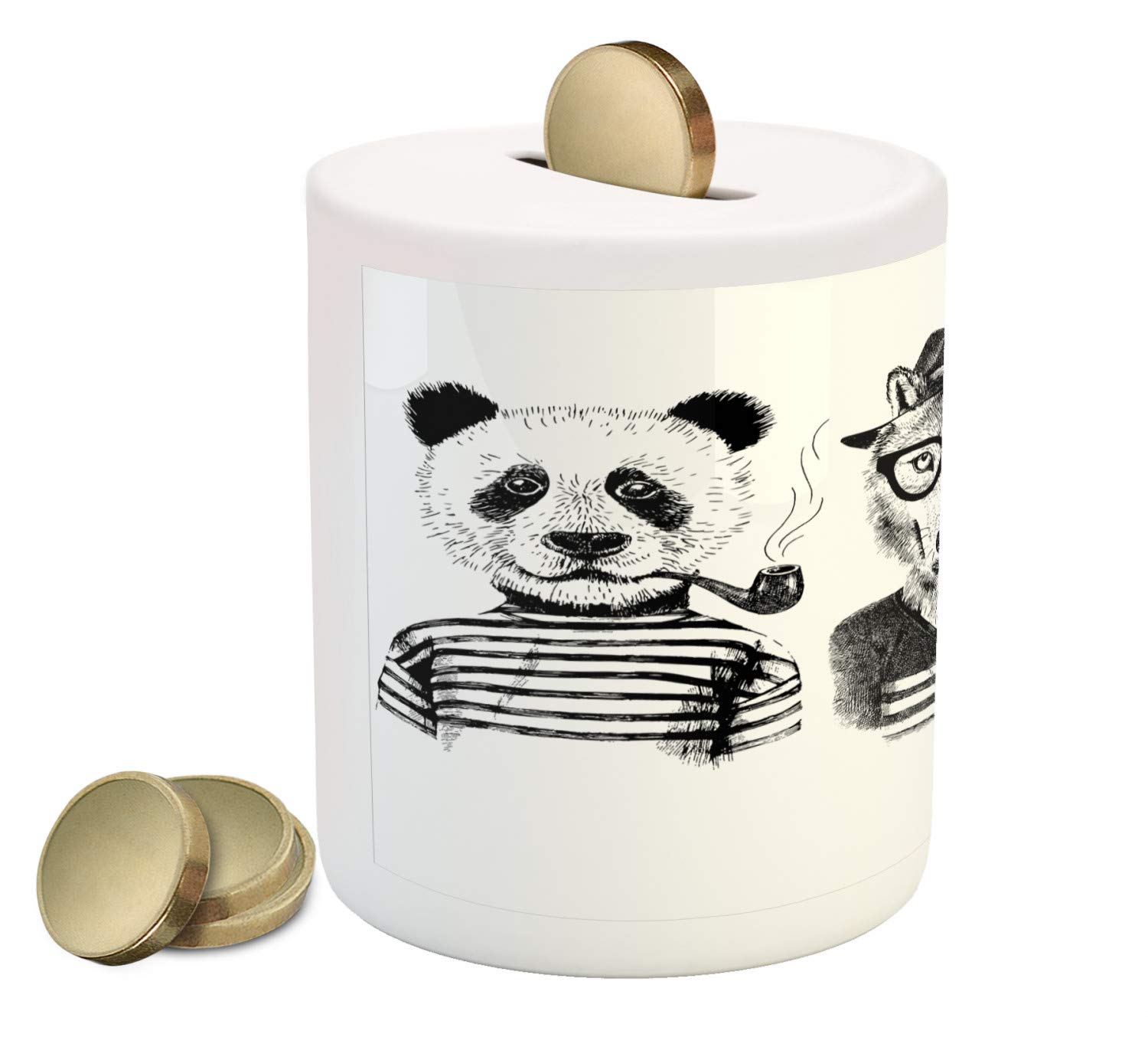 Ambesonne Ceramic Piggy Bank with Animal Illustrations - Hipster Panda, Bear, Fox, and Rabbit in Human Clothes - Money Saving Coin Bank for Kids & Adults (Black, Grey, White) - Perfect for Birthday Gifts, Home Decor, and Teaching Children Financial Responsibility