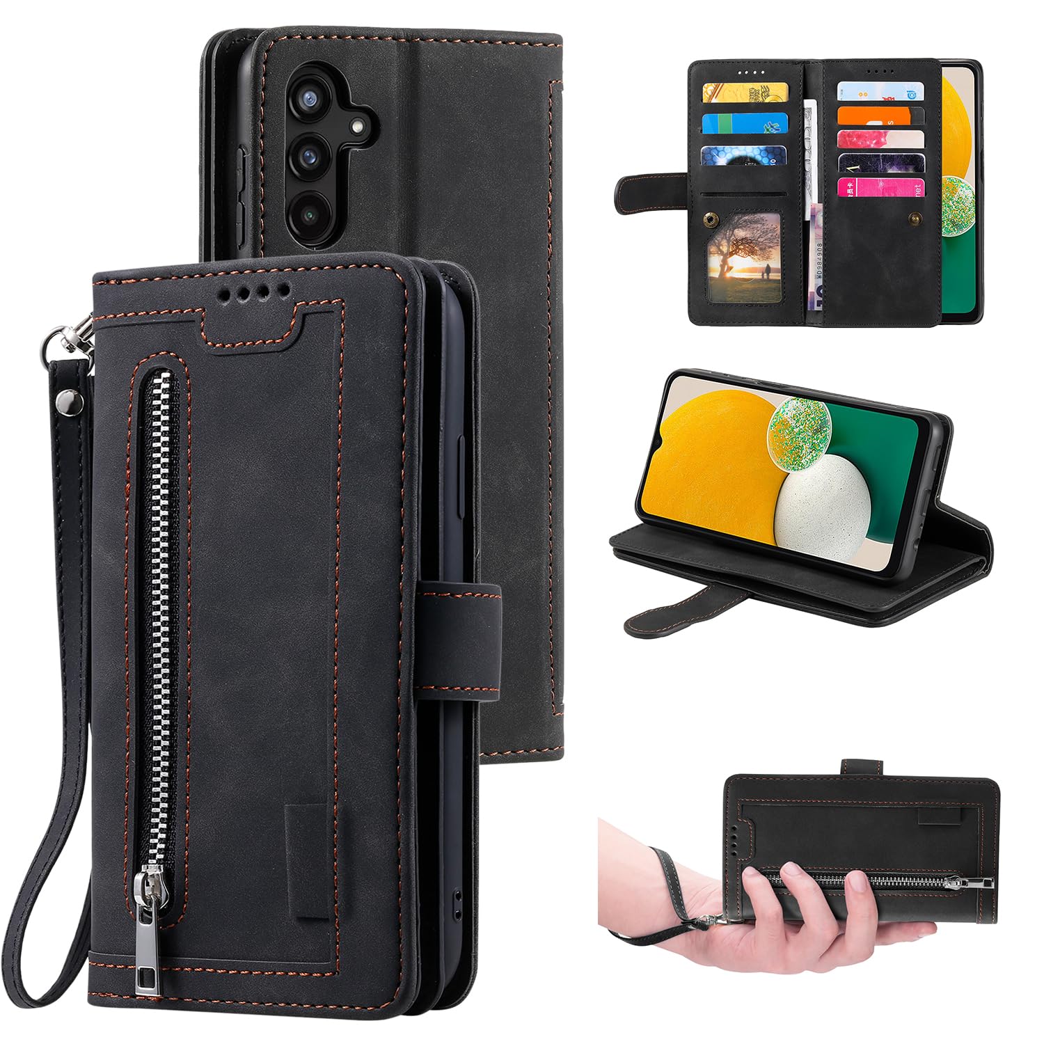 **UEEBAI Samsung Galaxy S24 5G Wallet Case – PU Leather Flip Cover with 9 Card Slots, Zipper Pocket, Magnetic Closure & Kickstand | Shockproof TPU Protection & Wrist Strap | Retro Design for Women & Men | Perfect for Travel, Work & Daily Use**