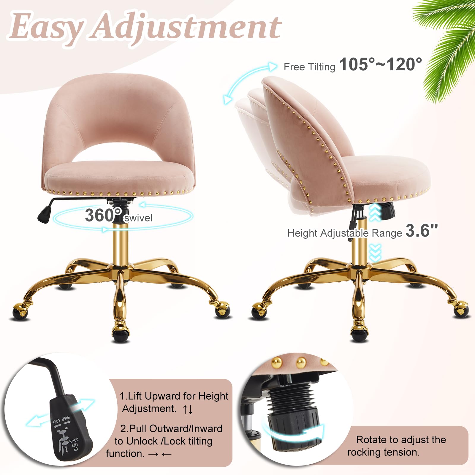 VINGLI Modern Velvet Small Office Chair with Wheels - Gold Base & Studs, Comfortable Armless Swivel Task Chair for Women, Girls & Kids - Perfect for Study, Dorm, Bedroom & Small Spaces (Pink) | Ideal for Home Office, Vanity Desk & Nail Technician Workstation