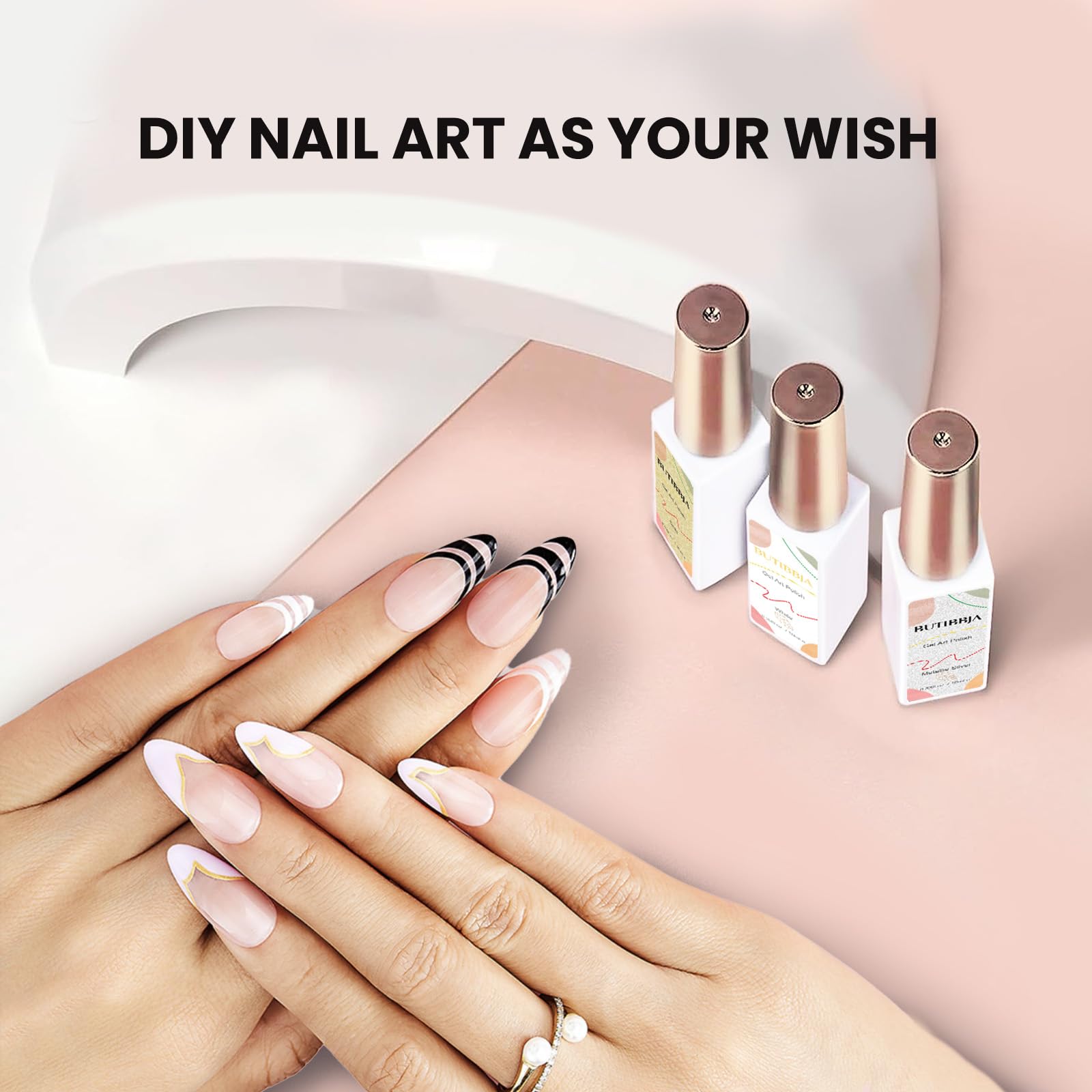 4 Pcs Gel Nail Polish Set - Black, White, Gold & Silver Glitter Colors with Thin Nail Art Brush | Soak Off LED Lamp Compatible | 0.33 fl.oz Each | Perfect for Salon, Home Manicures & Nail Art Designs