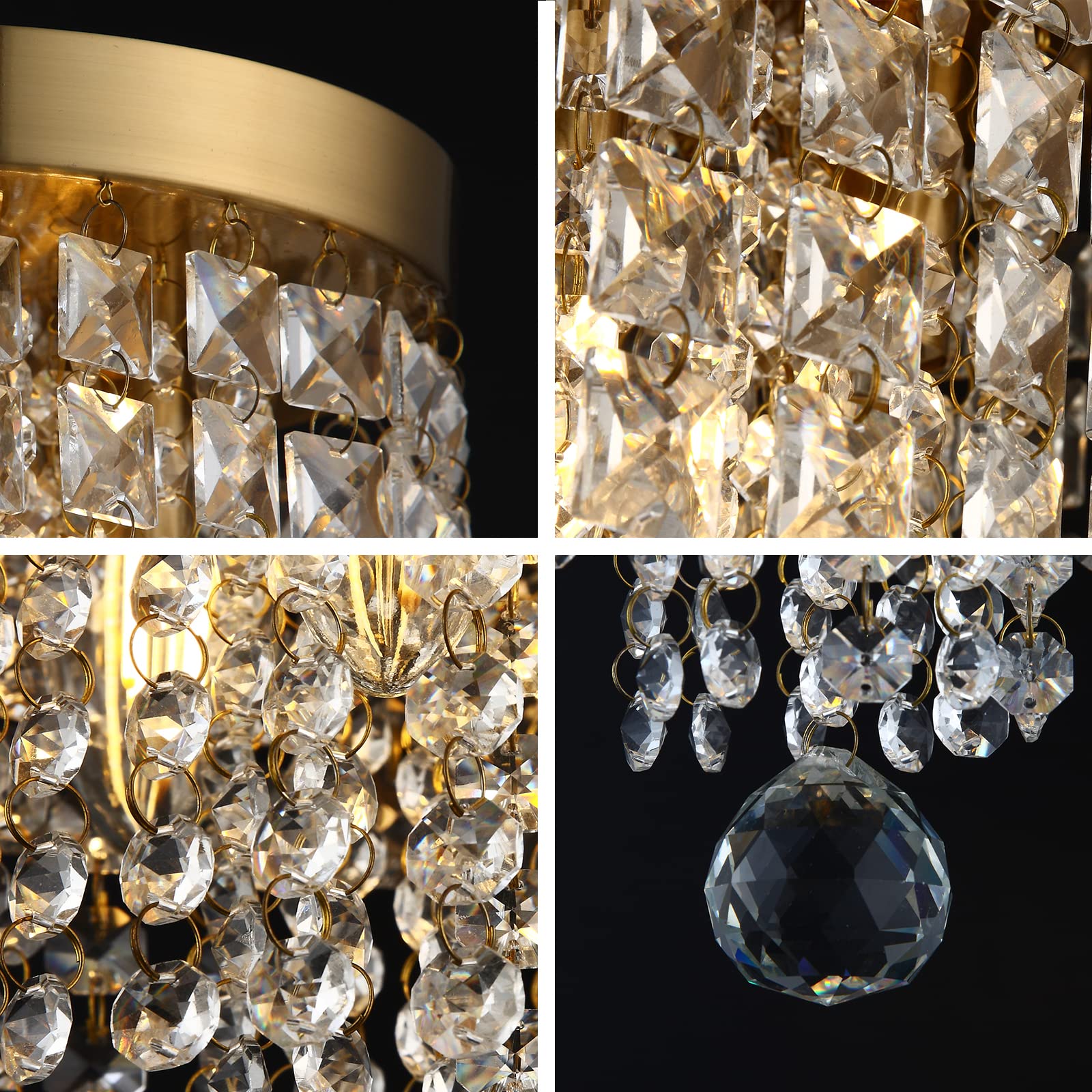 Modern Small 3-Light Gold Crystal Chandelier - Flush Mount Ceiling Pendant Lighting Fixture for Bedroom, Hallway, Living Room, Kitchen & Dining Room - Elegant Home Decor & Ambient Lighting Solution